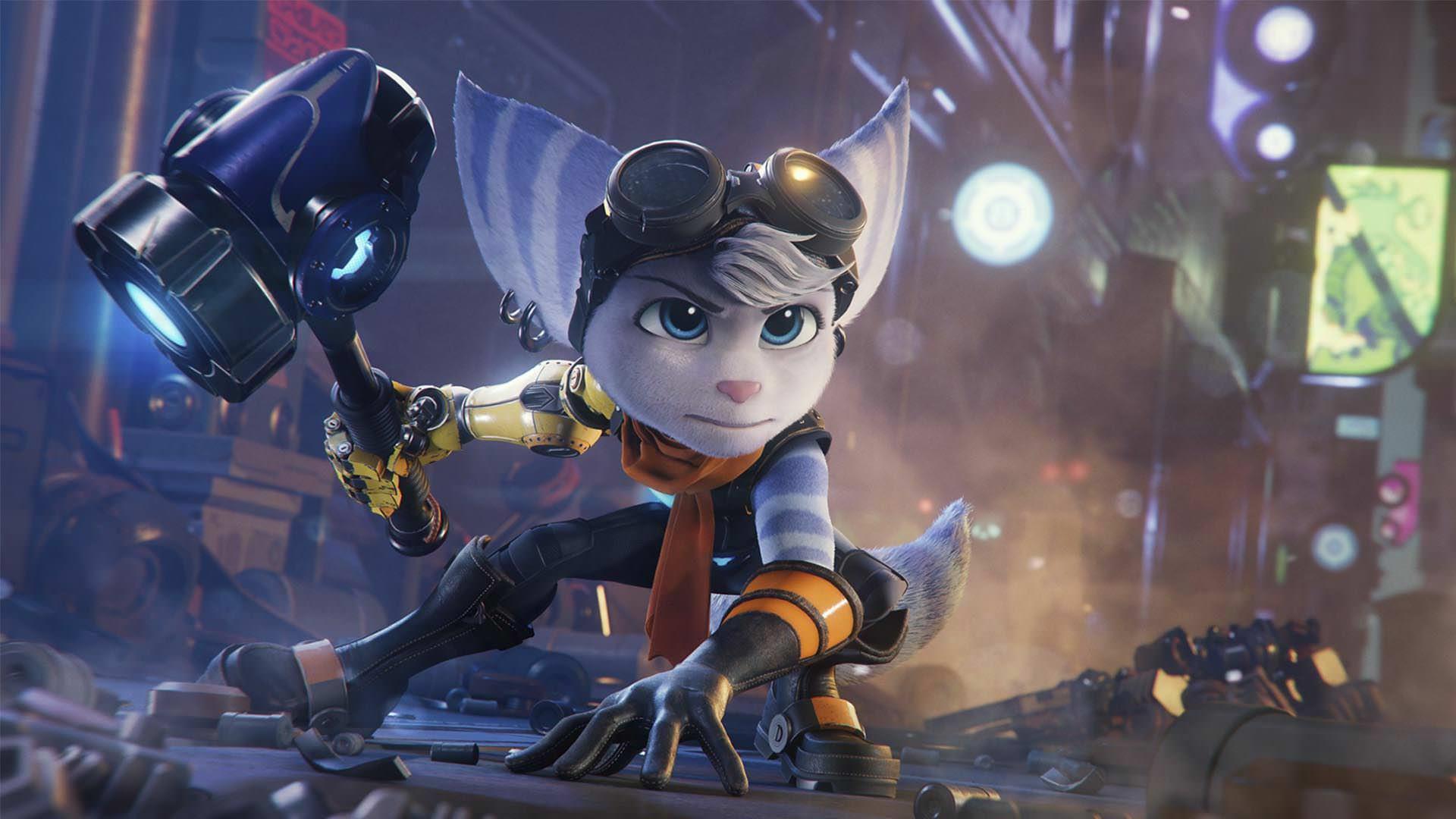 چهره جدی ریوت در بازی Ratchet and Clank: Rift Apart با سلاح سرد جذاب در دنیای سایبرپانکی چشم نواز