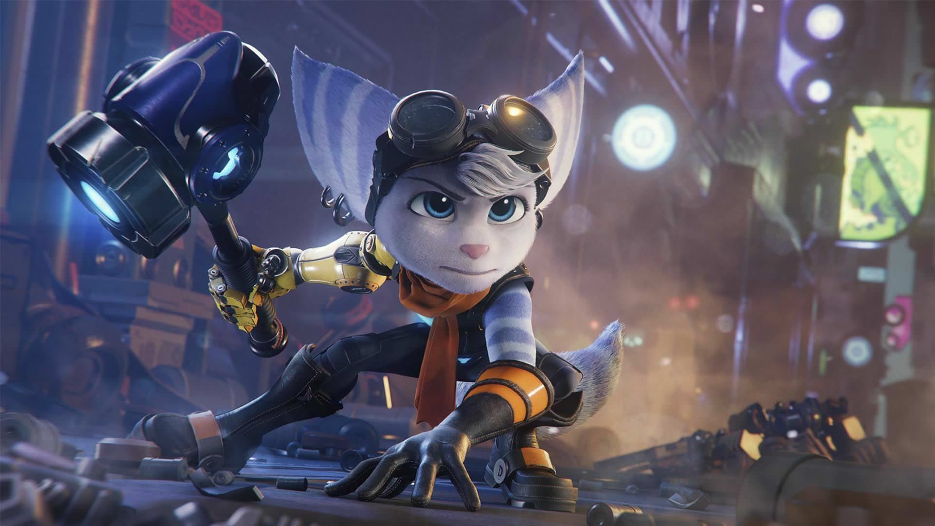 چهره جدی ریوت در بازی Ratchet and Clank: Rift Apart با سلاح سرد جذاب در دنیای سایبرپانکی چشم نواز