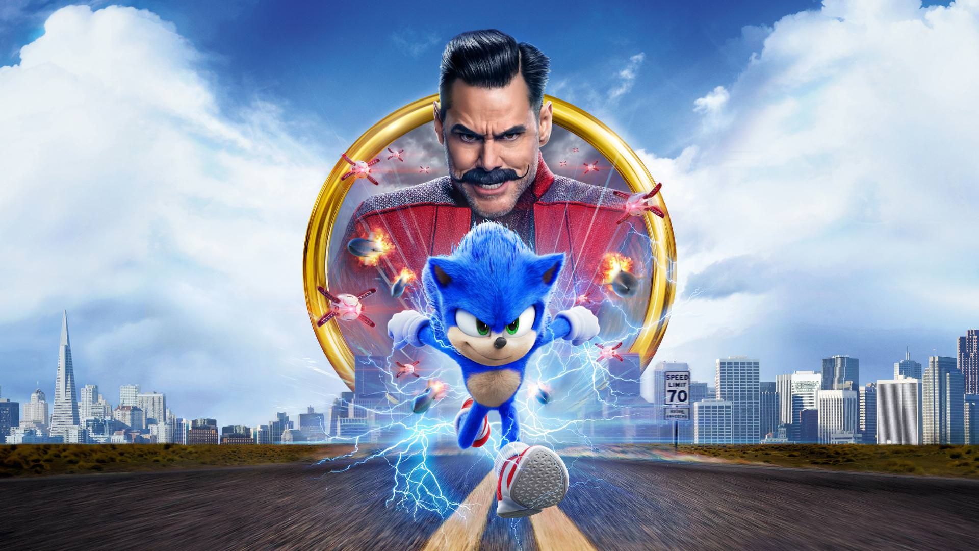 جیم کری و سونیک در پوستر فیلم Sonic the Hedgehog