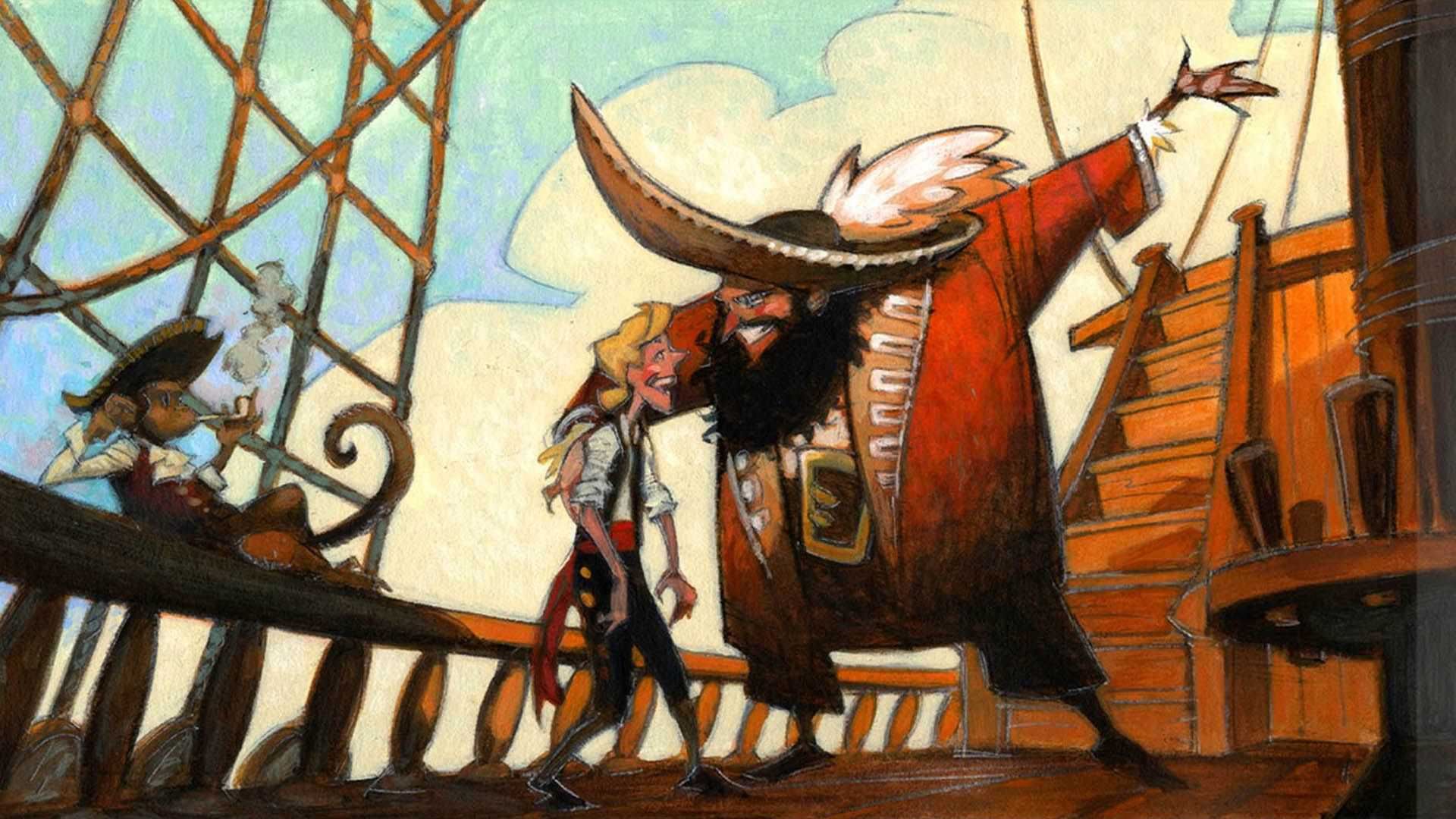 گای‌براش و لی‌چاک روی کشتی در انیمیشن سینمایی The Curse of Monkey Island