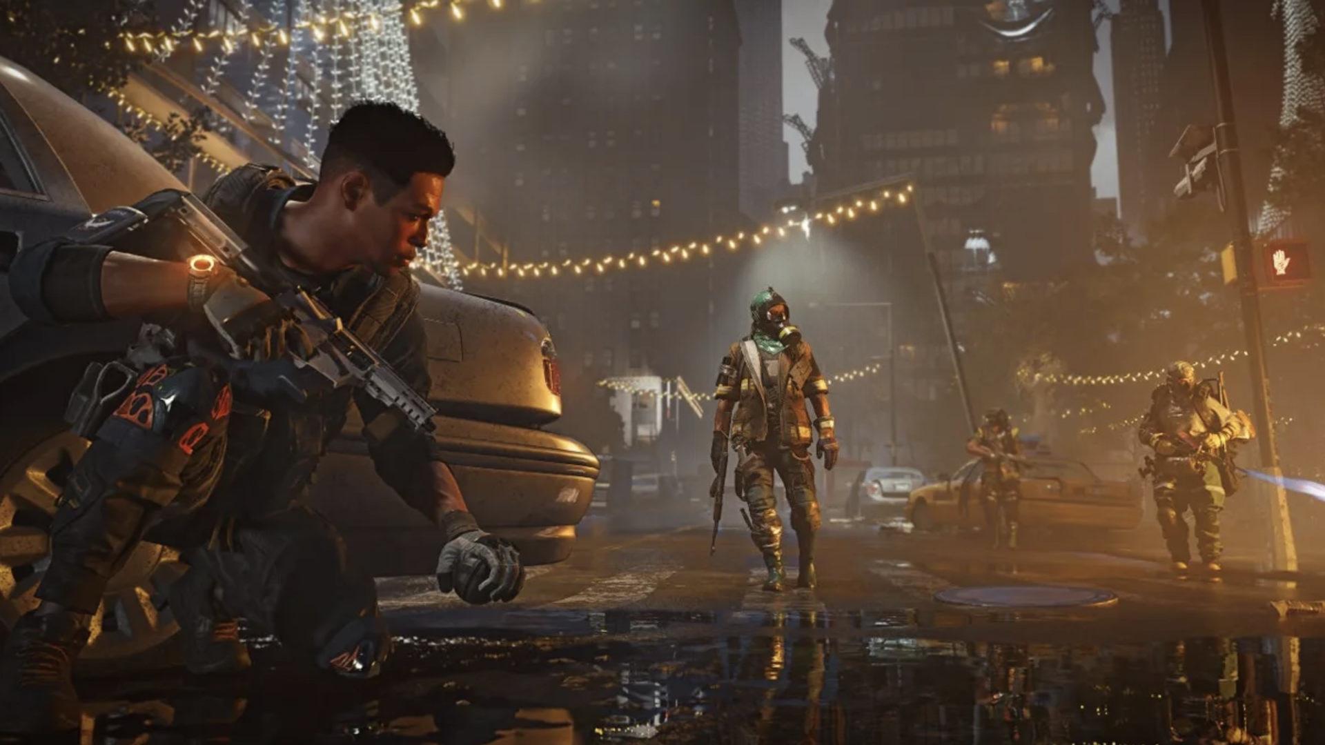 کاراکتر بازی شوتر The Division 2 در حال مبارزه با دشمنان در وسط شهر
