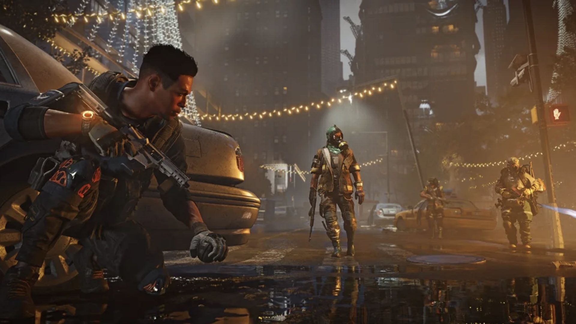 کاراکتر بازی شوتر The Division 2 در حال مبارزه با دشمنان در وسط شهر