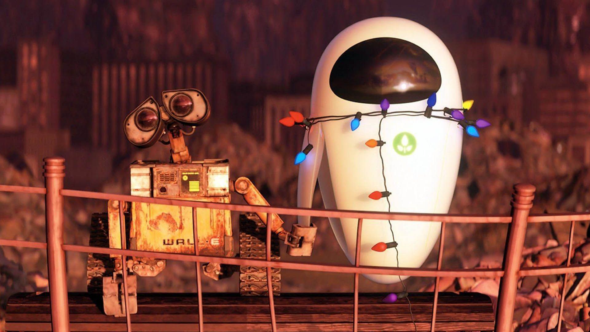 وال-ای در حال گرفتن دست شخصیت ایو در فیلم Wall-e