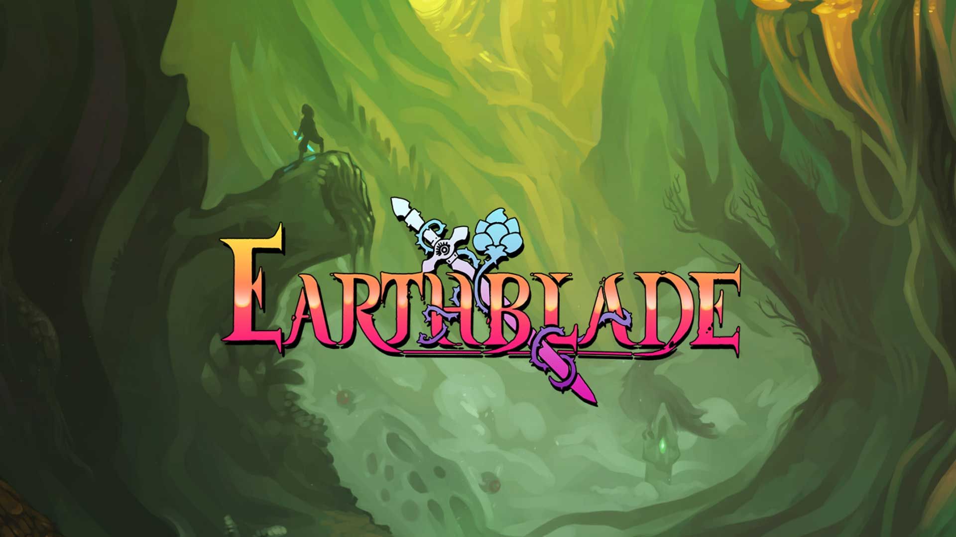 لوگو رسمی بازی Earthblade روی یک بک گراند جنگلی و زیبا