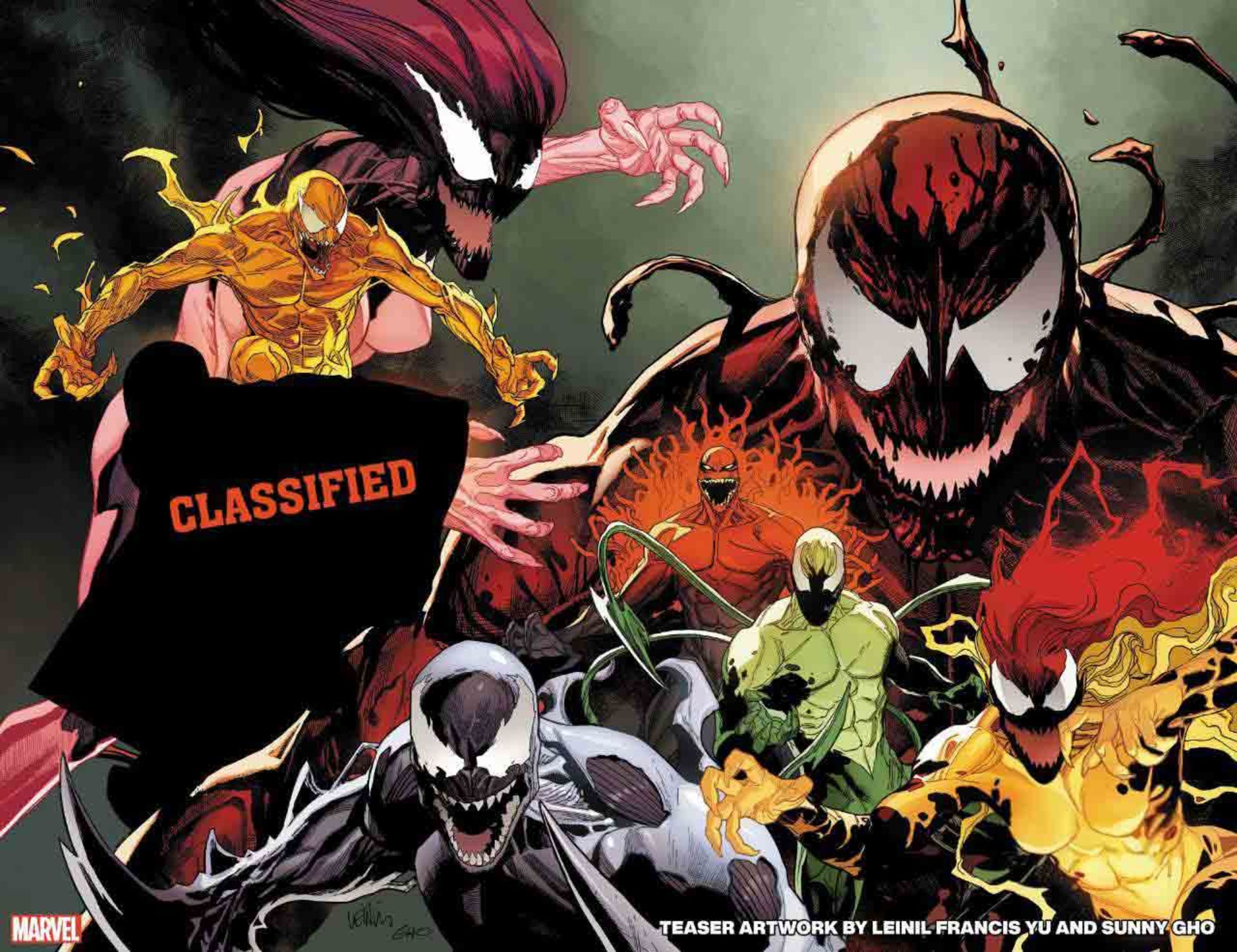 حضور شخصیت‌های سیمبیوتی مختلف در تصویر تبلیغاتی مجموعه Extreme Carnage Alpha