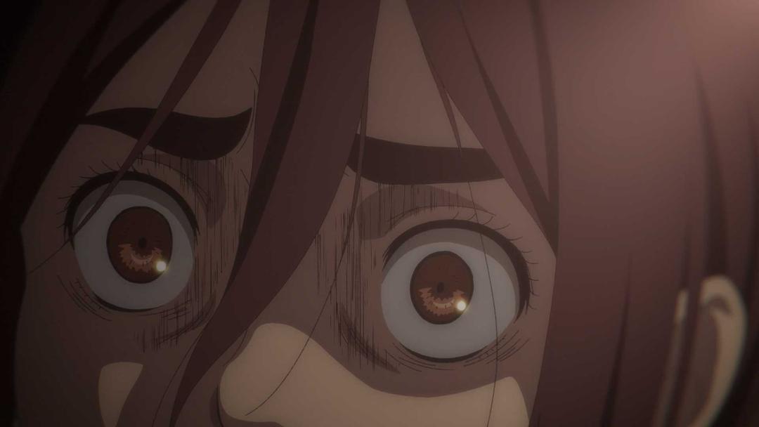 چشم های درشت و چهره بسیار نگران و وحشت کرده گبی در فصل آخر انیمه Attack on Titan
