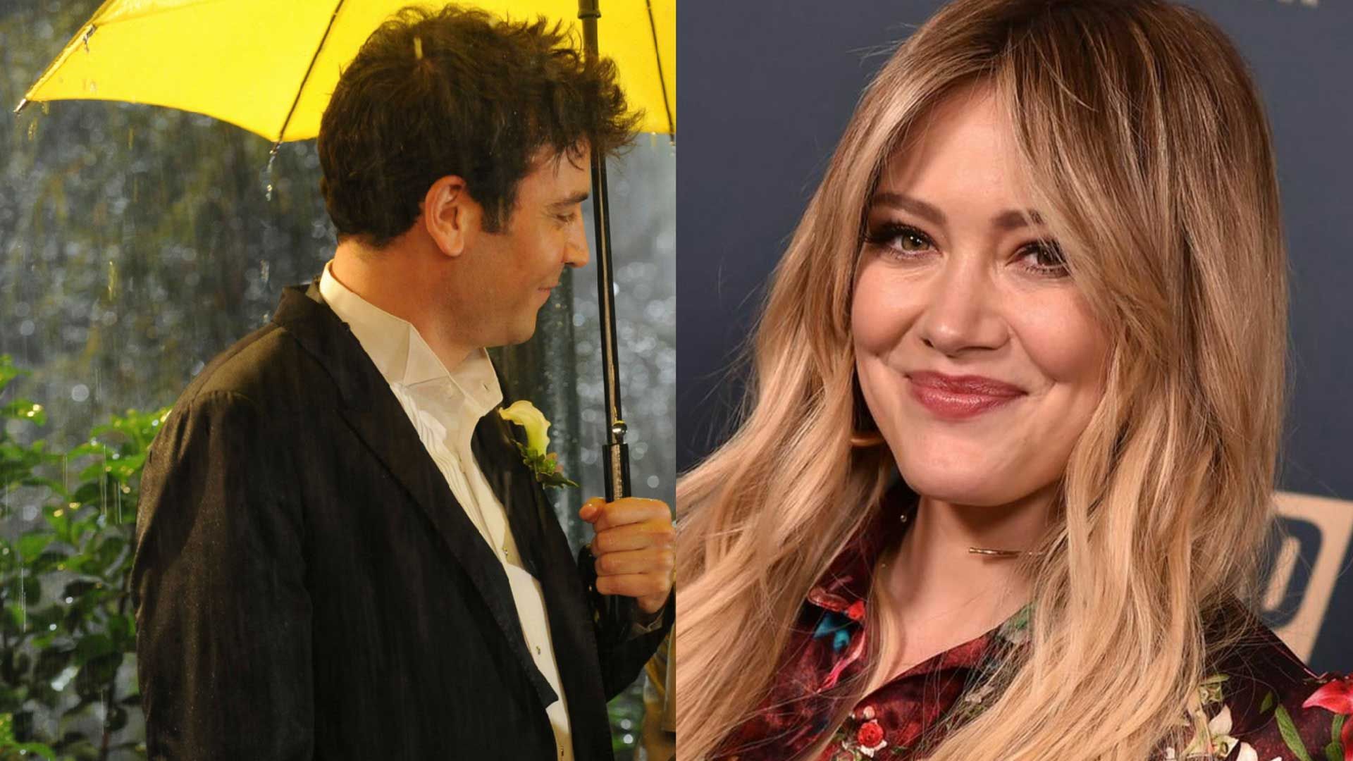 تد موزبی از سریال How I met Your Mother با چتر زرد در کنار تصویر هیلاری داف، بازیگر معروف