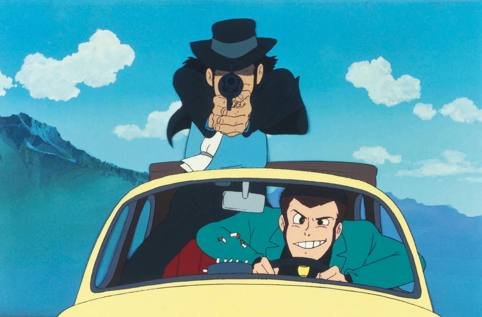 آرسن لوپن و جیگن درحال فرار با ماشین در انیمه Lupin III: The Castle of Cagliostro