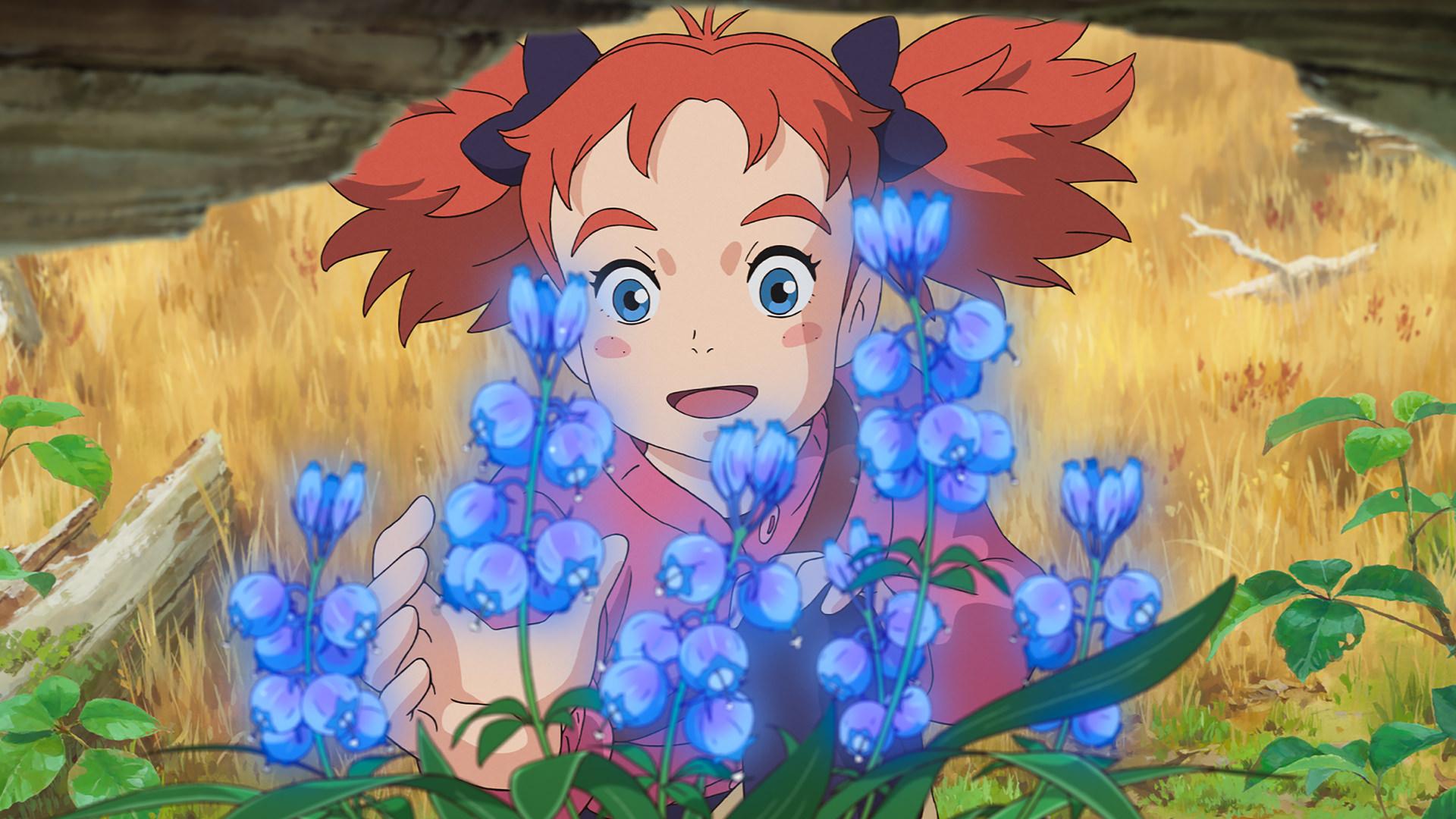 ماری درحال تماشای گلی خوشرنگ در انیمه Mary and the Witch's Flower
