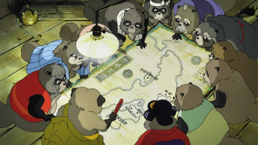 تانوکی‌ها درحال نقشه کشیدن برای فراری دادن آدم‌های مزاحم در انیمه Pom Poko