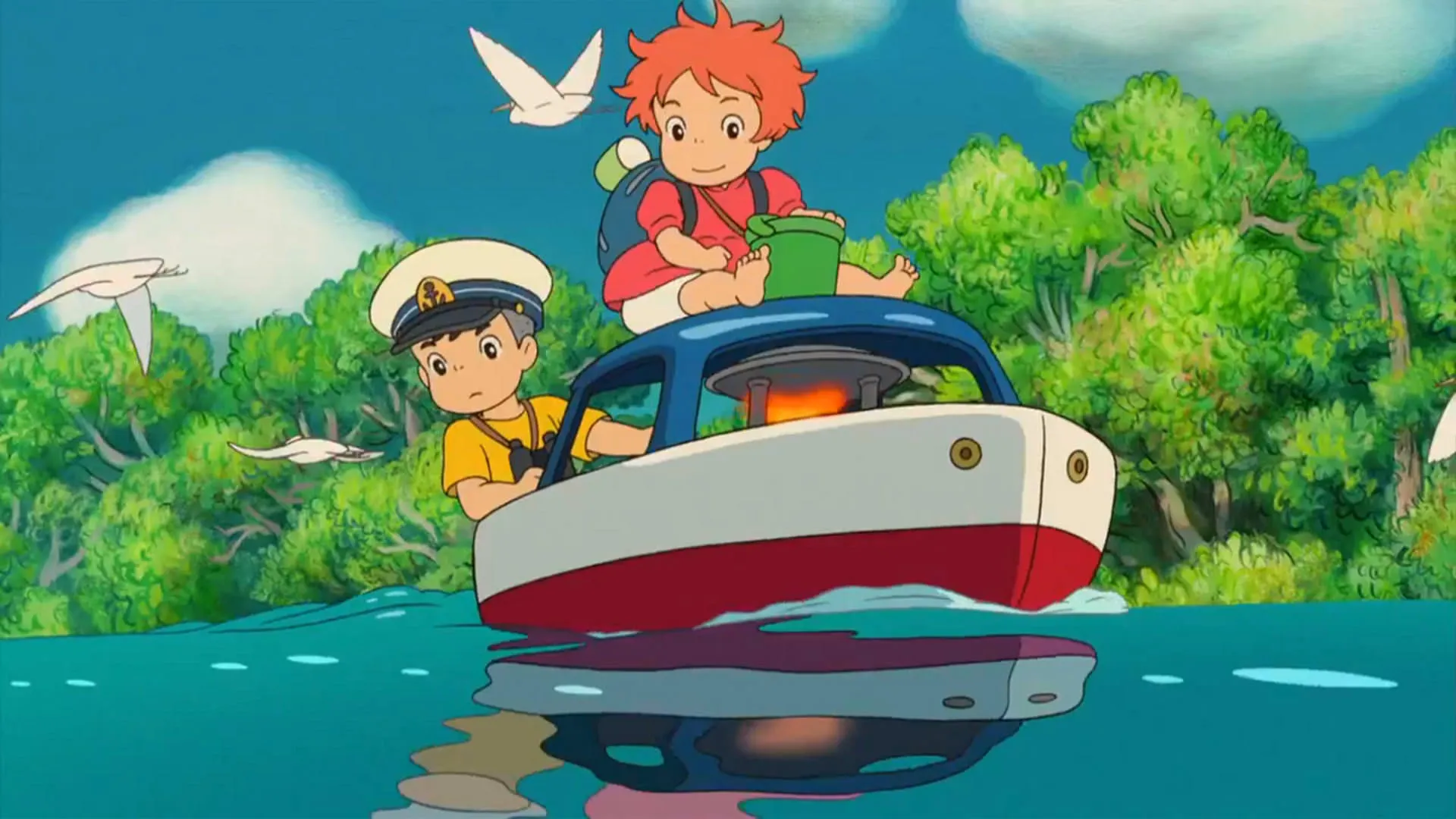 پونیو و دوست همسفرش سوار قایق کوچک در انیمه Ponyo