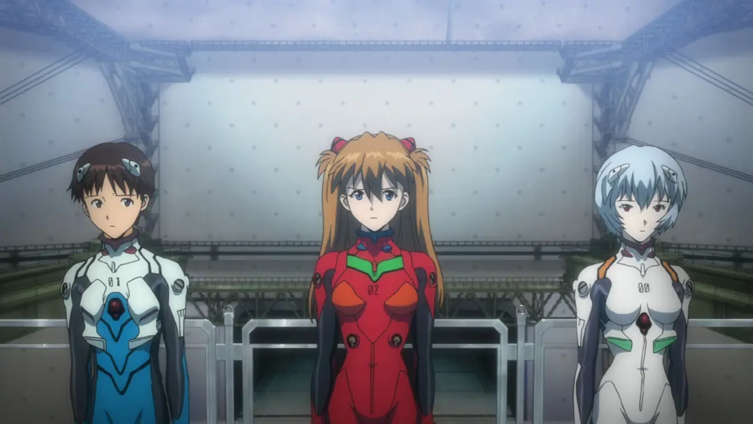 ری، میساتو و شینجی با لباس فرم اوانگلیون در انیمه Rebuild of Evangelion