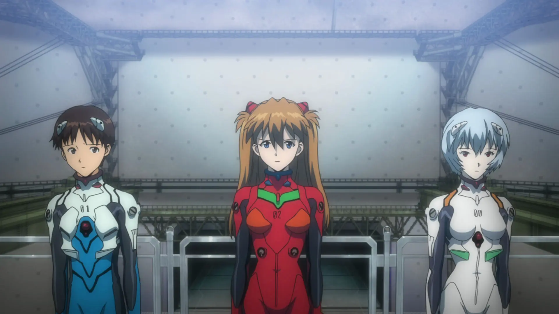 ری، میساتو و شینجی با لباس فرم اوانگلیون در انیمه Rebuild of Evangelion