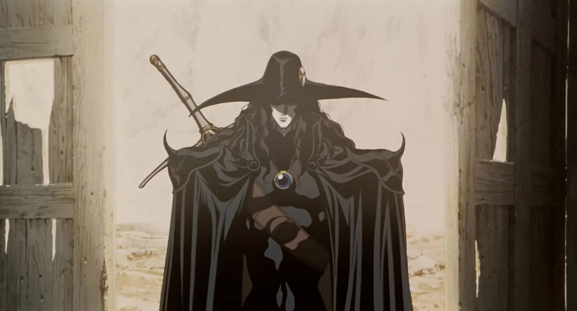 هیبت شکارچی خون آشام دی در چارچوب درب در انیمه Vampire Hunter D: Bloodlust