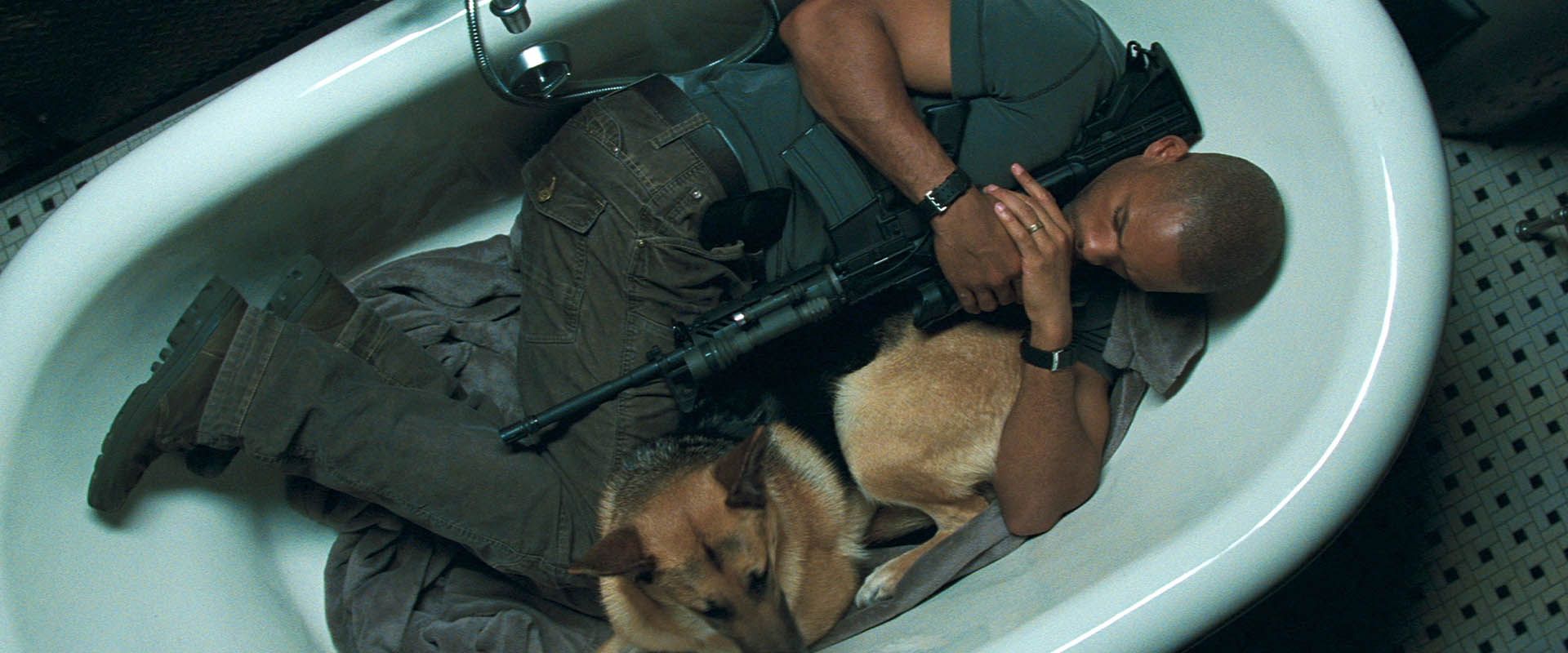 در نویل با بازی ویل اسمیت به‌همراه سگ خود در وان حمام در فیلم i am legend