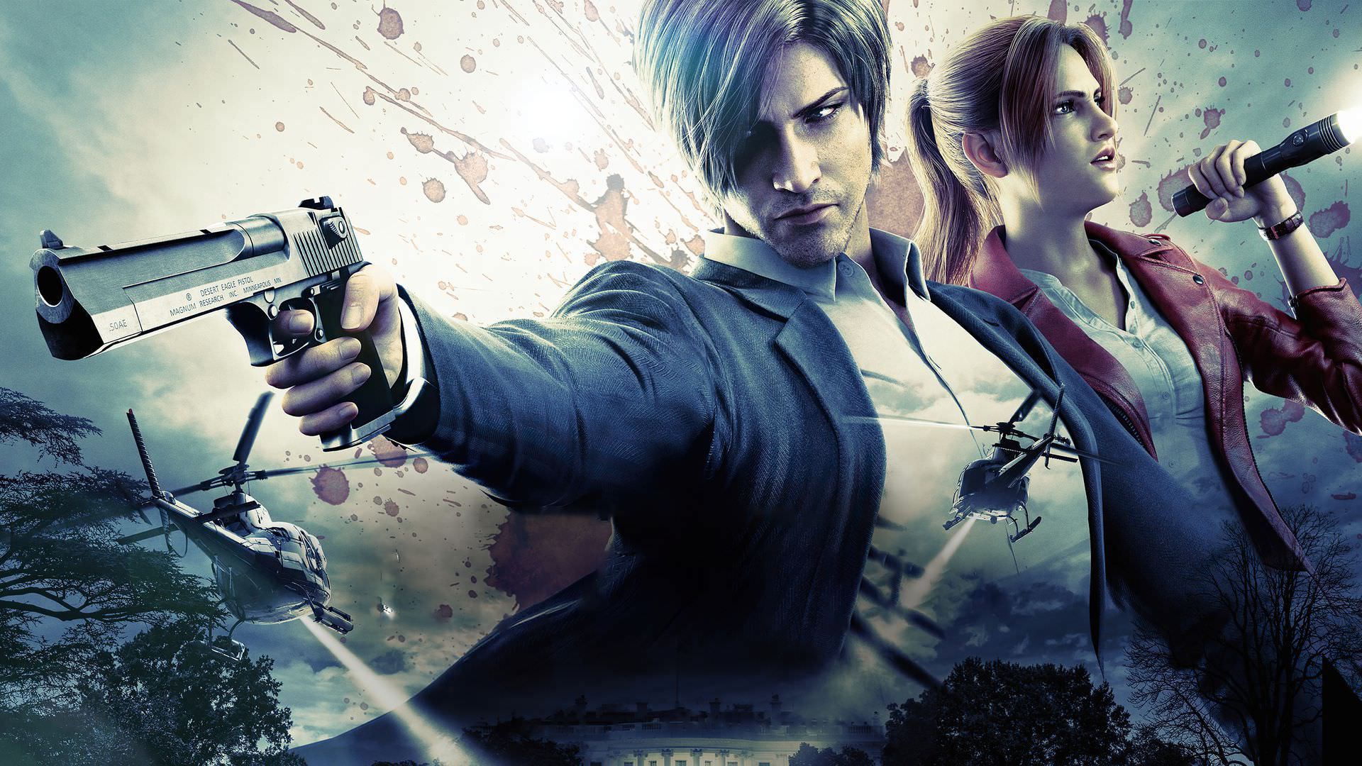 لیان کندی و کلر ردفیلد در پوستر انیمیشن Resident Evil: Infinite Darkness