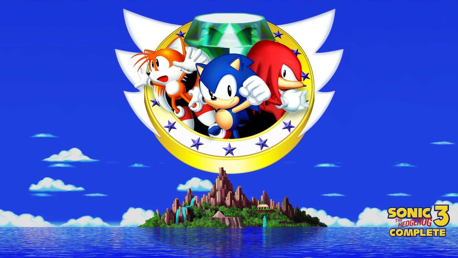 ناکلز قرمز، تیلز نارنجی و سونیک آبی مقابل آسمان و سرزمین بزرگ از دور در بازی Sonic 3 & Knuckles