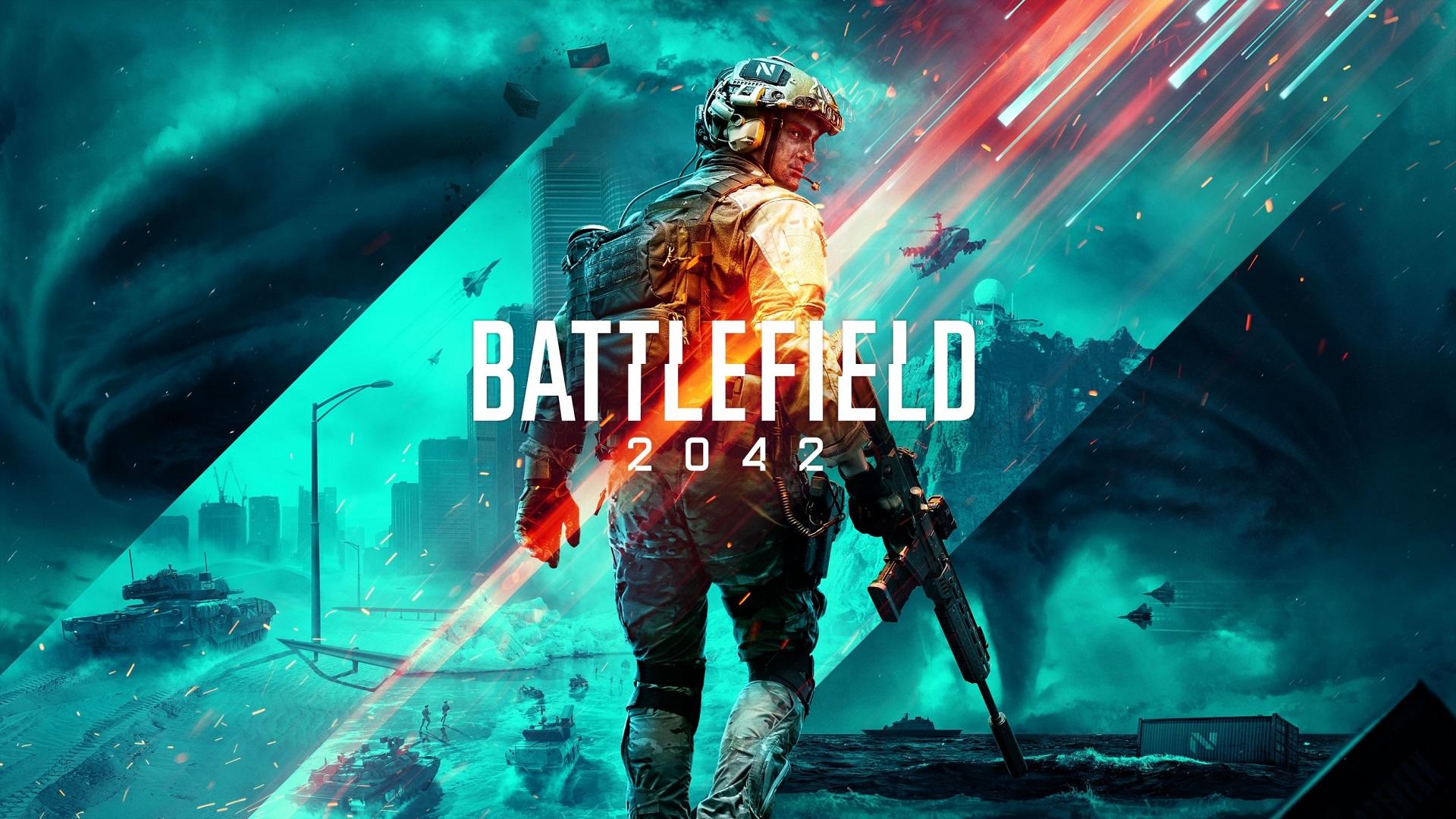 پوستر بازی Battlefield 2042 a شرکت الکترونیک آرتز و نمایش یک سرباز در جنگ مدرن
