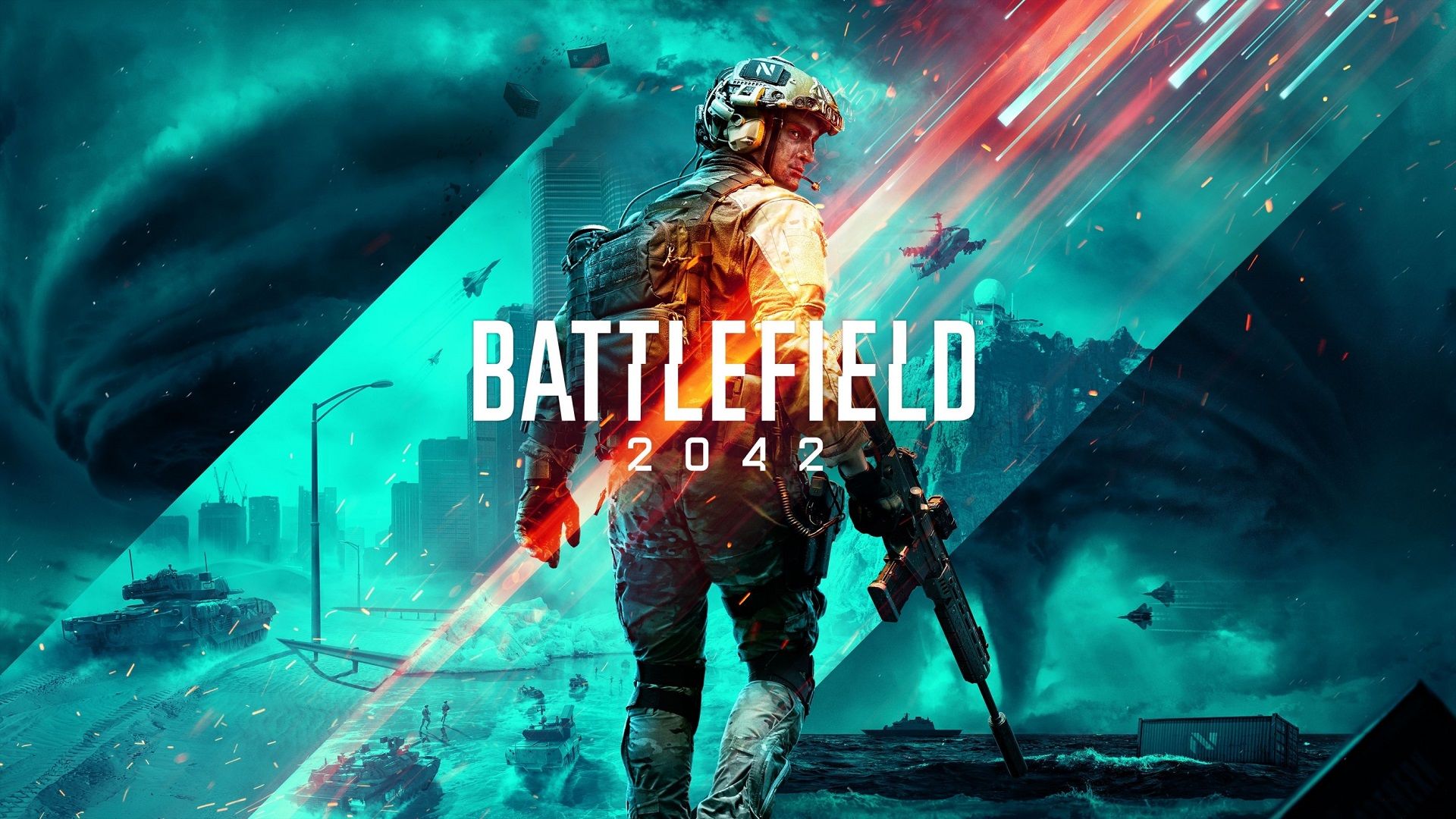 پوستر بازی Battlefield 2042 a شرکت الکترونیک آرتز و نمایش یک سرباز در جنگ مدرن