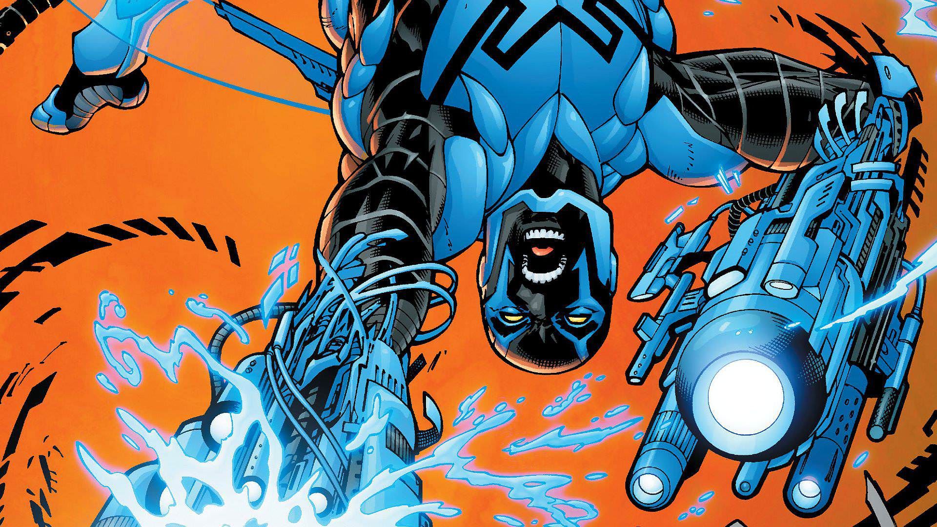 شخصیت بلو بیتل در حال شلیک به سمت دشمنش در کمیک Blue Beetle