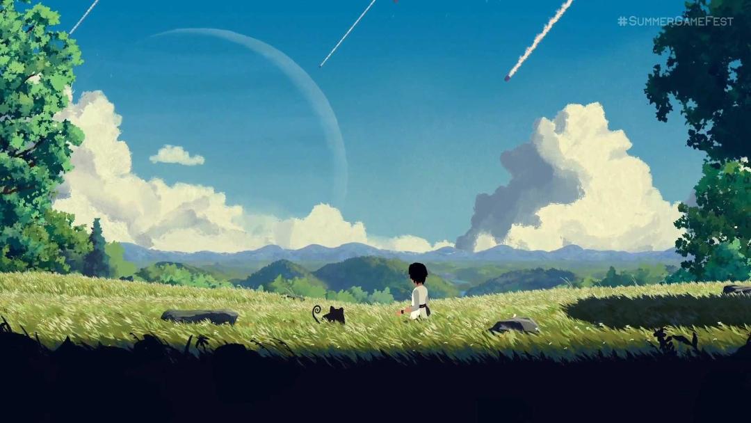 یک پسر نزدیک گربه ای بامزه در محیط باز سرسبز در بازی Planet of Lana 