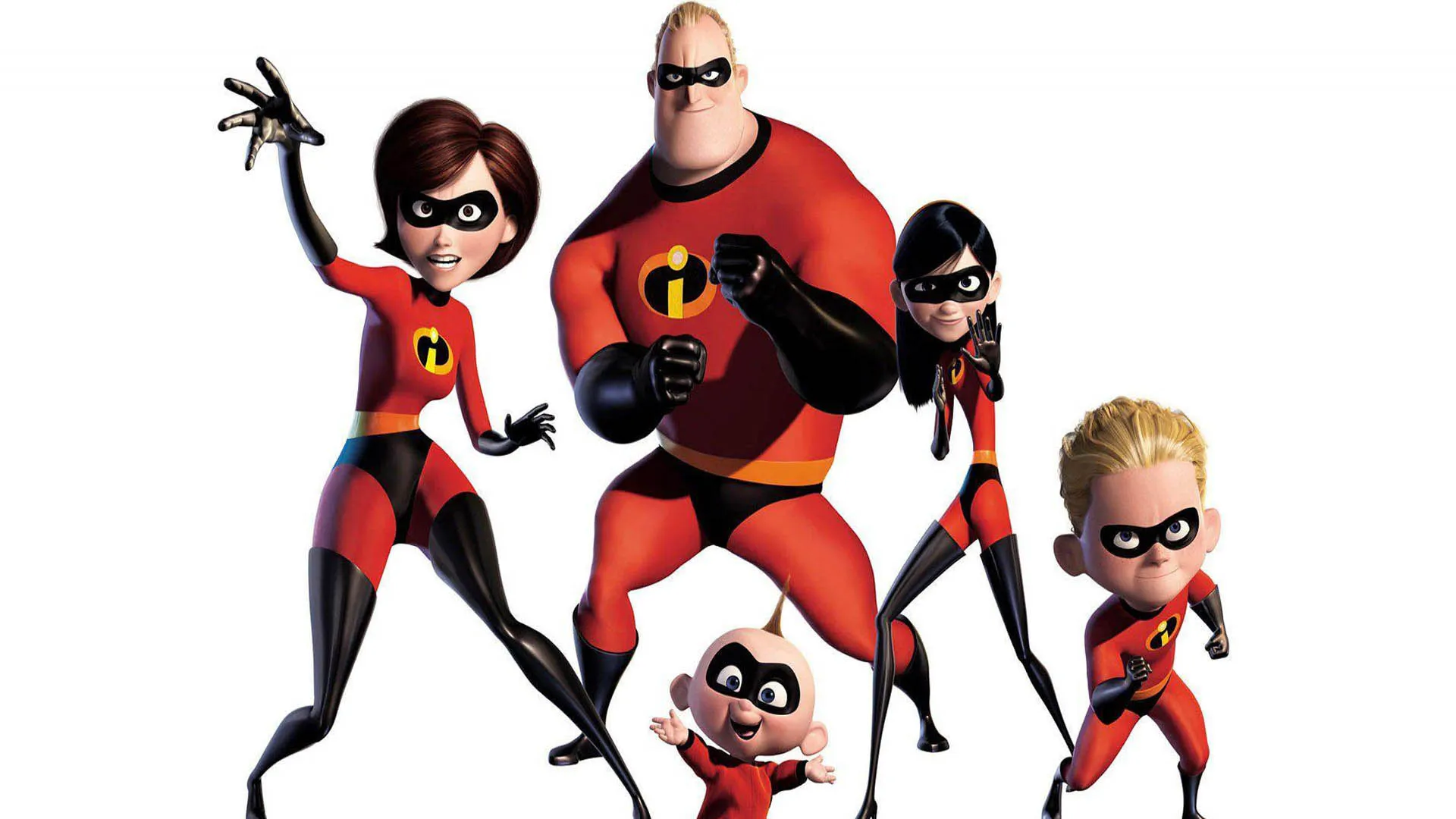 والپیپر انیمیشن The Incredibles با پس زمینه سفید و شخصیت‌های آن درحال فیگور گرفتن