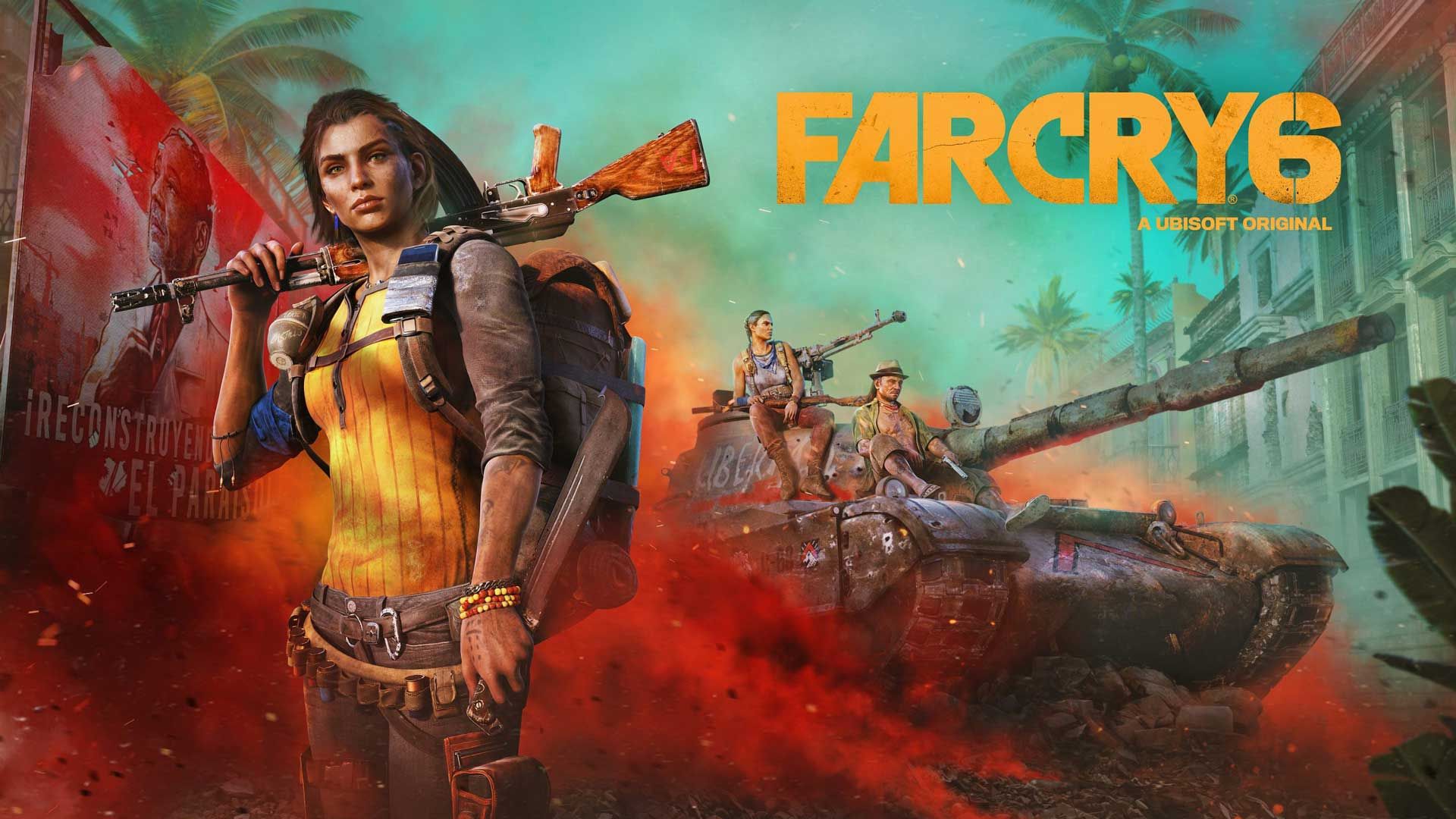 دنی روهاس، نسخه زن شخصیت اصلی بازی Far Cry 6/فارکرای 6 یوبیسافت مشغول نگه داشتن تفنگ کنار تانک