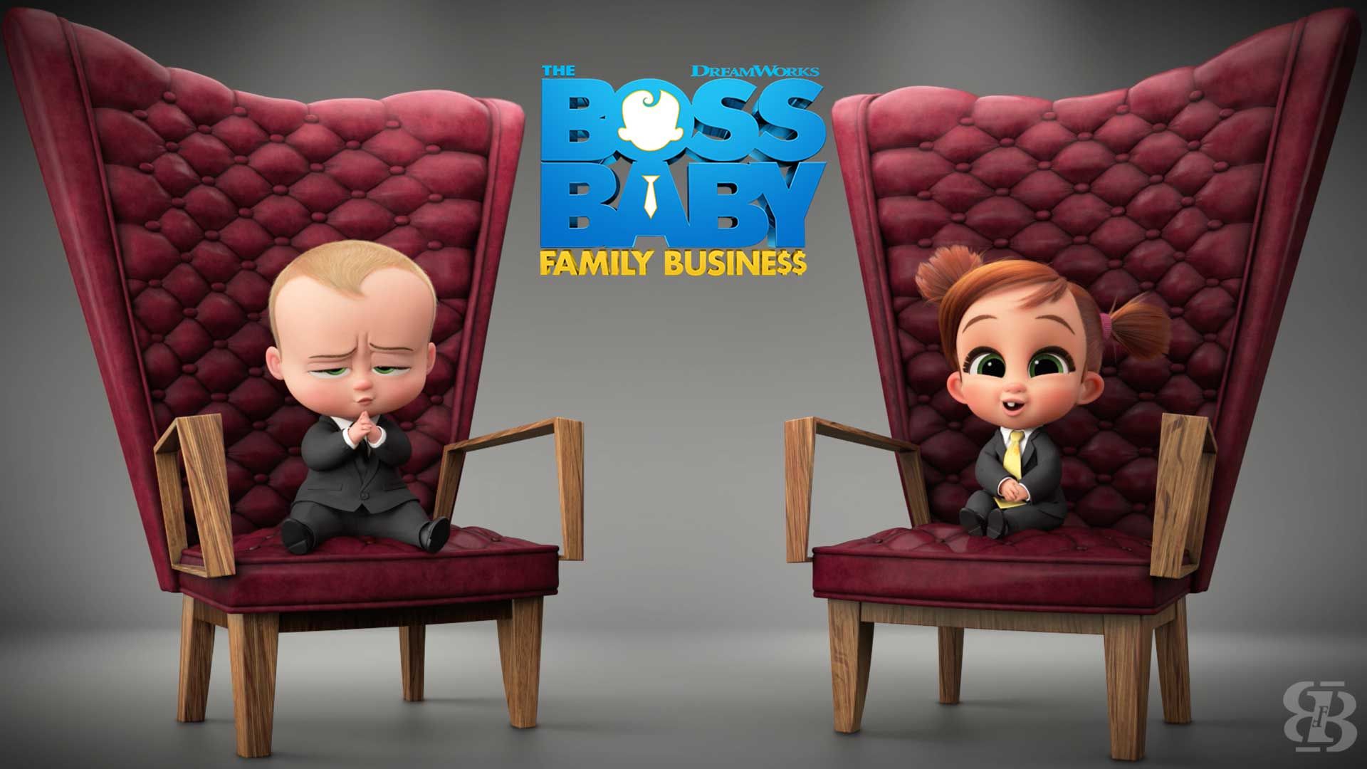 یک نوزاد جدی و یک نوزاد خوشحال با کت و شلوار روی صندلی های اعیانی در انیمیشن Boss Baby جدید