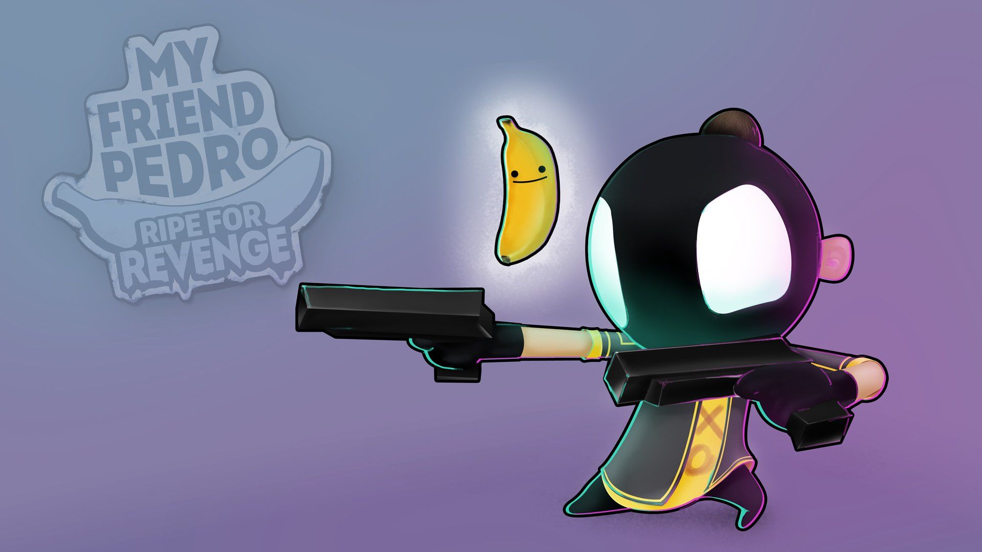 شخصیت اصلی بازی موبایل My Friend Pedro: Ripe for Revenge در حال نشانه گرفتن تفنگ ها کنار یک موز