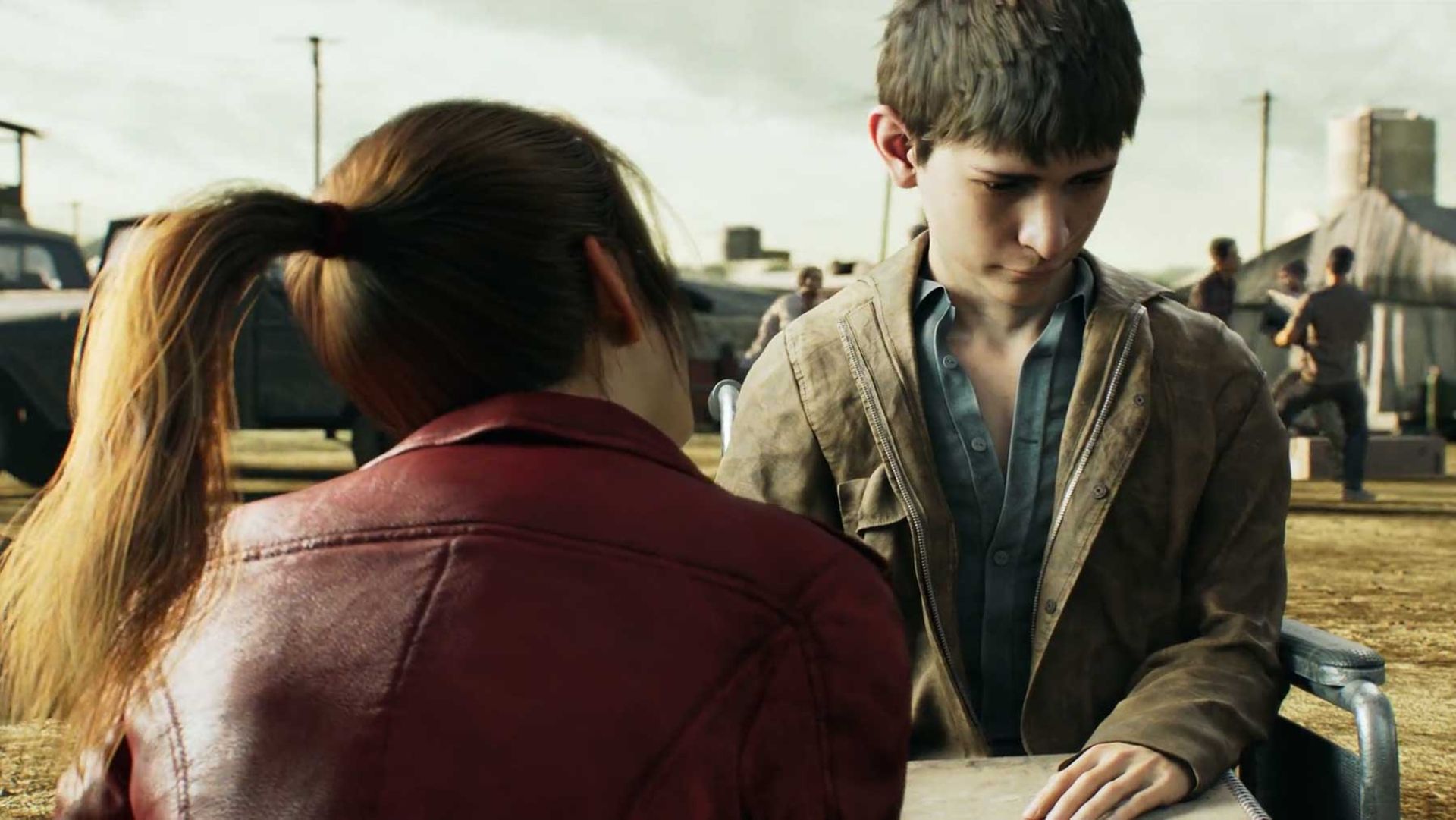 کلر با کت قرمز و موهای بلند مقابل کودک زجرکشیده نقاش در انیمه Resident Evil: Infinite Darkness