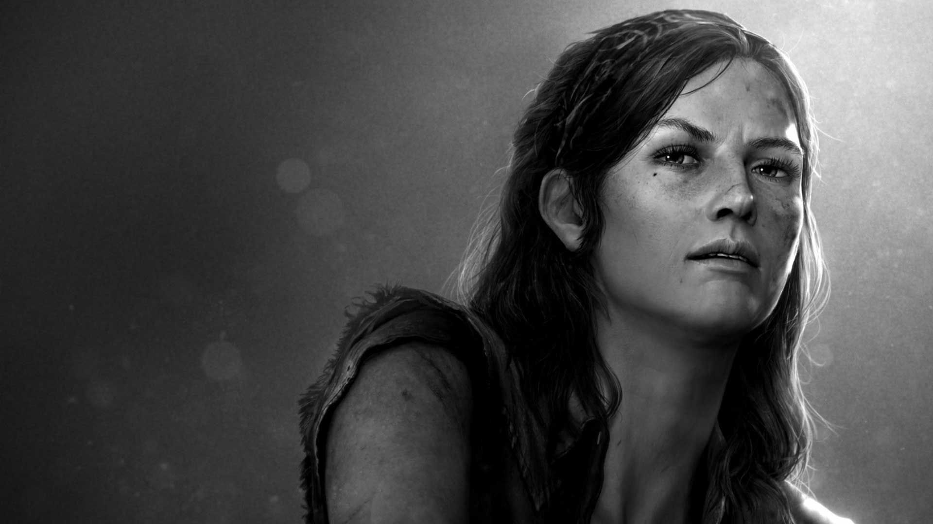 تصویر سیاه و سفید شخصیت تس مشغول نگاه کردن خشمگینانه به سمت دوربین در بازی The Last of Us استودیو ناتی داگ