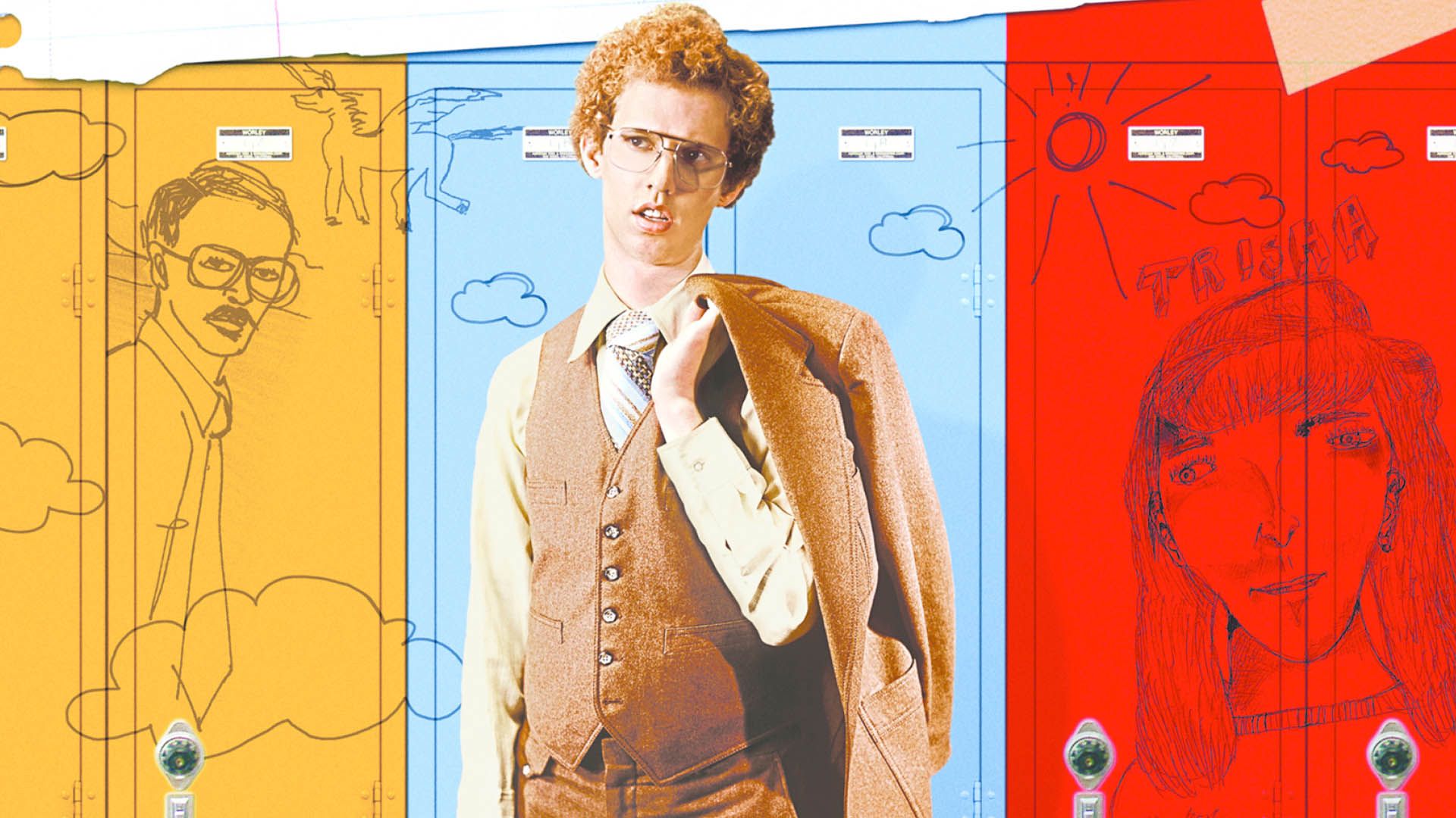 کاور فیلم Napoleon Dynamite با رنگ‌های آبی زرد و قرمز به‌همراه شخصیت اصلی آن