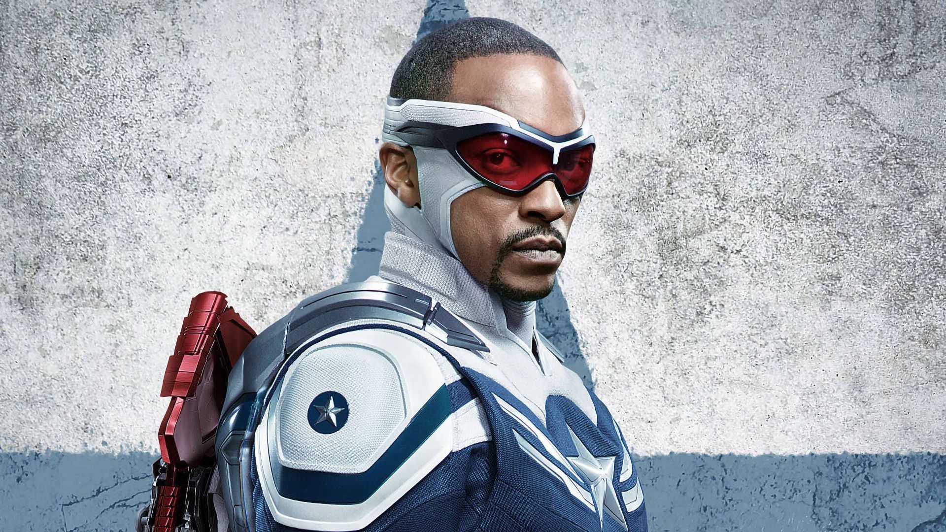 آنتونی مکی در نقش سم ویلسون در لباس کاپیتان آمریکا در پوستر قسمت پایانی سریال The Falcon and the Winter Soldier 