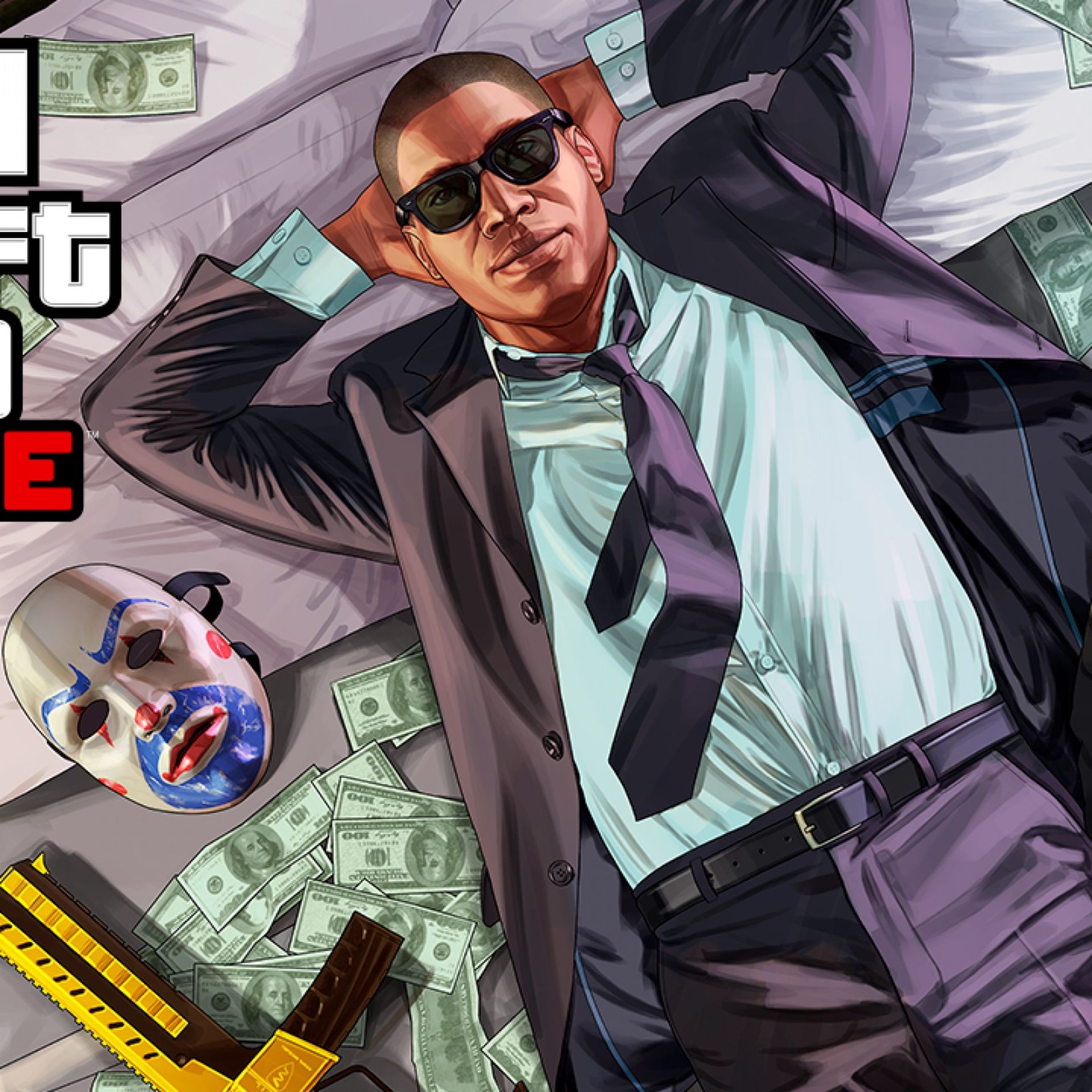 کاراکتر بازی GTA V روی تخت پر از پول