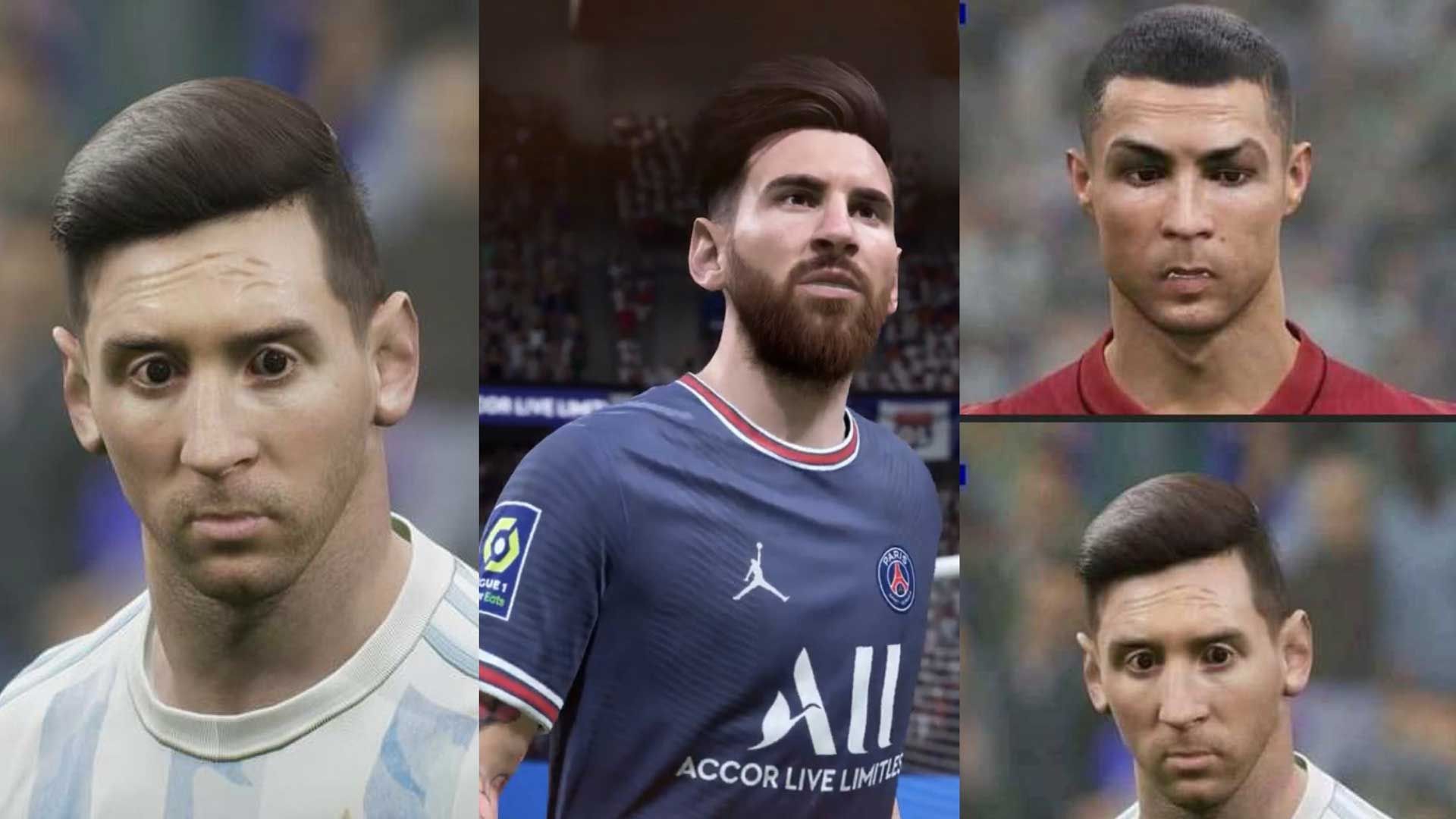 وسط: مسی با پیراهن پاریس در فیفا 22 | چپ و راست: گرافیک بازی eFootball شرکت کونامی