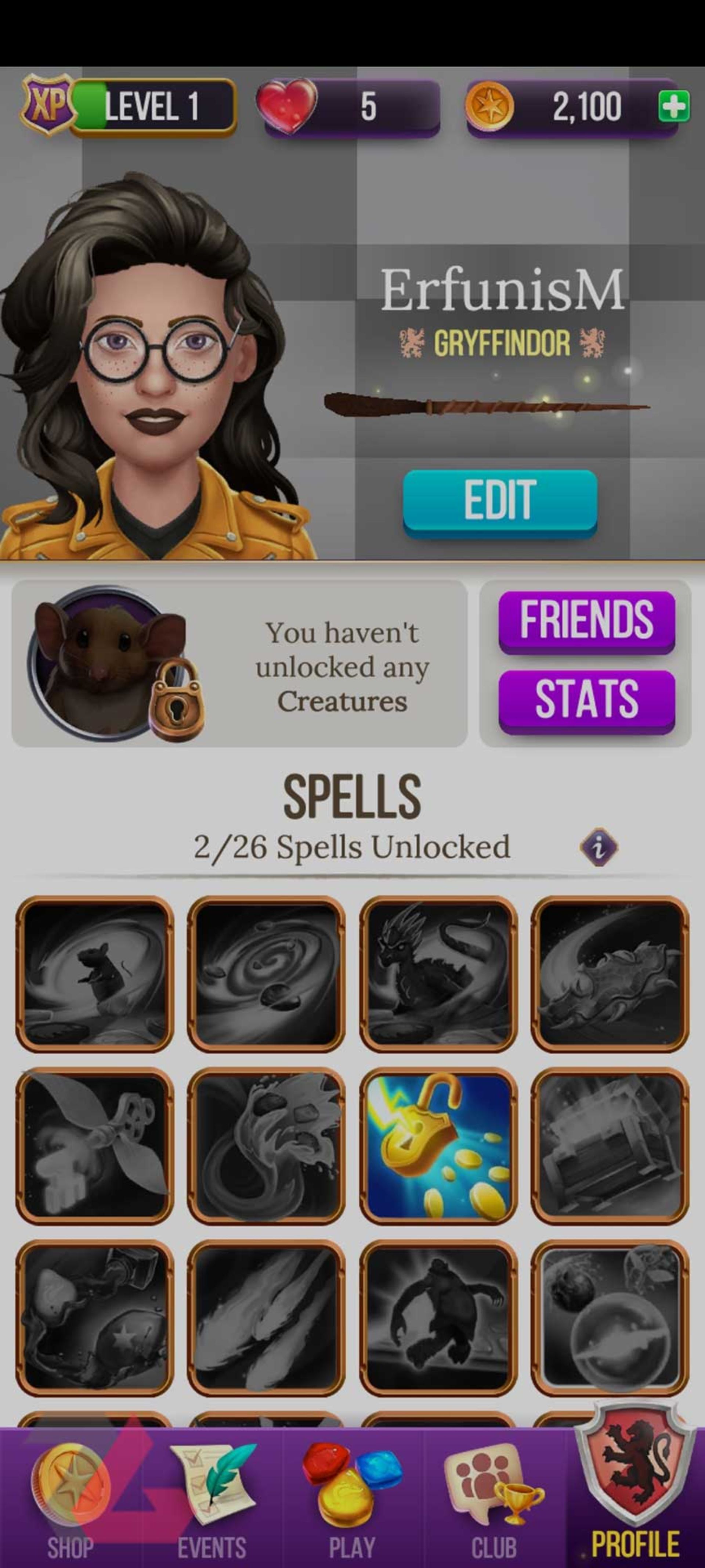 منوی شخصیت شما در بازی Harry Potter: Puzzles & Spells