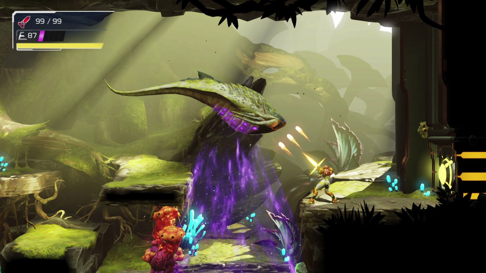 ساموس در حال درگیری با یک هیولا بزرگ در Metroid Dread