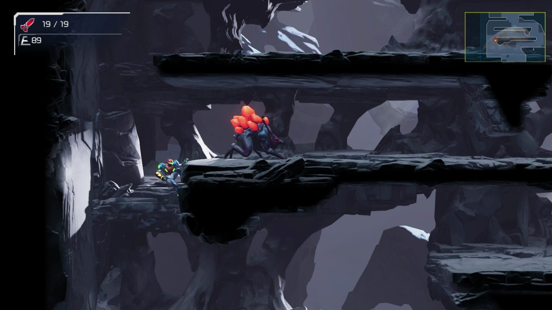 ساموس در حال گرفتن لبه سکوها در Metroid Dread
