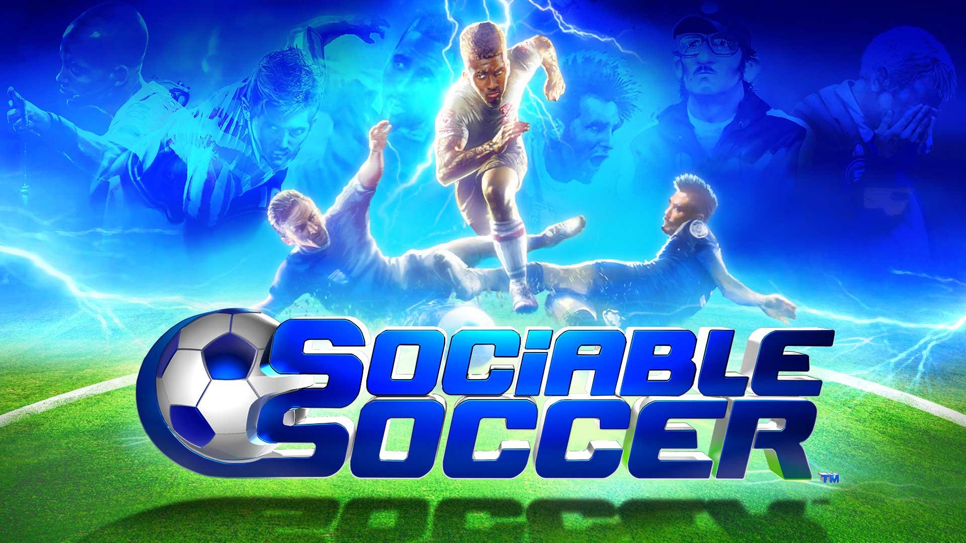 دو بازیکن فوتبال مشغول تکل زدن روی یک بازیکن در بازی فوتبالی Sociable Soccer