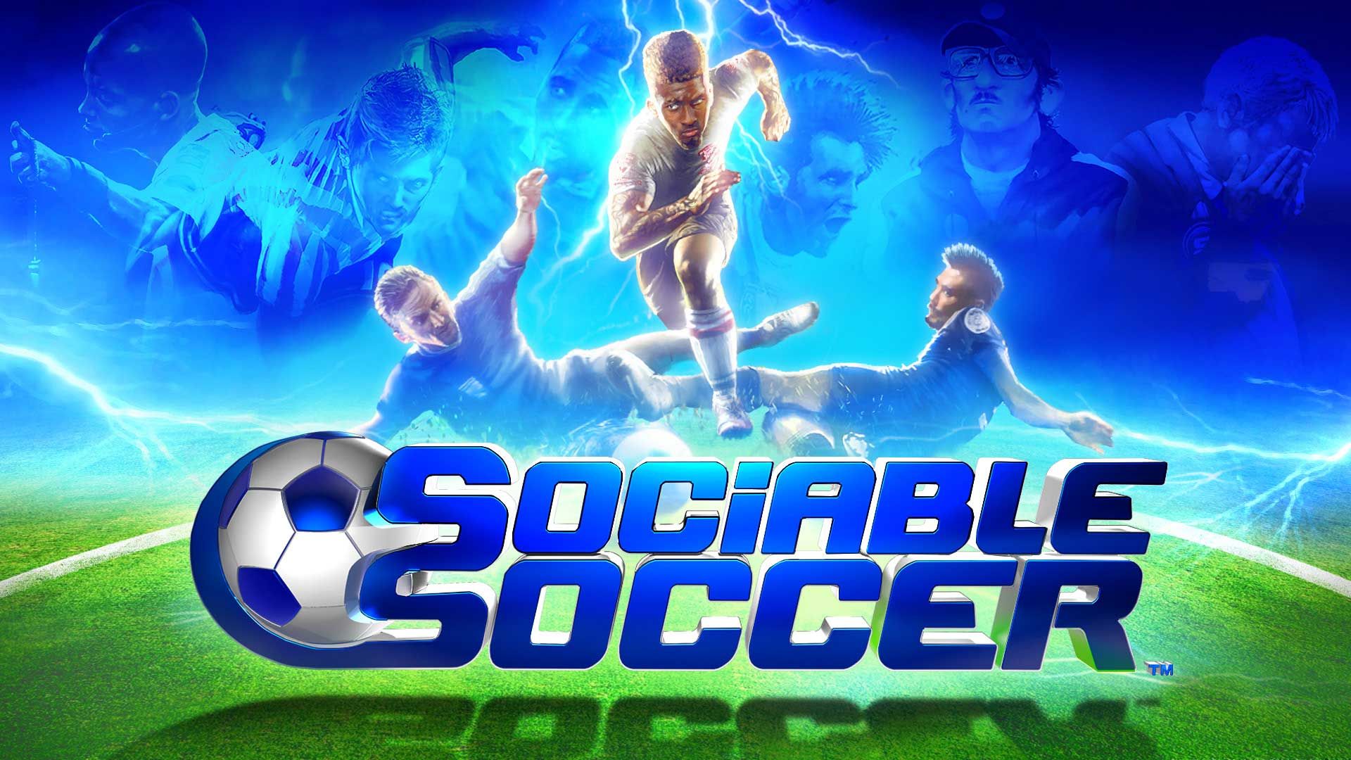 دو بازیکن فوتبال مشغول تکل زدن روی یک بازیکن در بازی فوتبالی Sociable Soccer