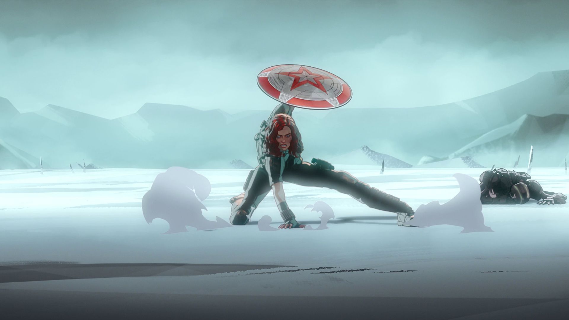 بلک ویدو در حال انجام فرود ابرقهرمانی با سپر رد گاردین در قسمت هشتم سریال What If