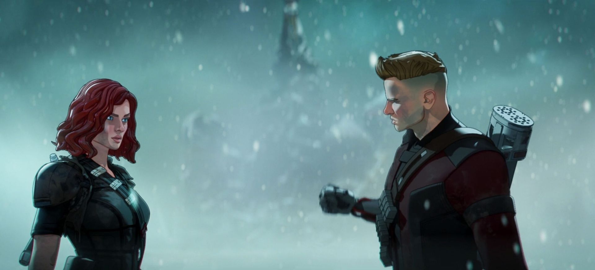 بلک ویدو در حال صحبت کردن با هاکای در شب برفی در مسکو در قسمت هشتم سریال What If 