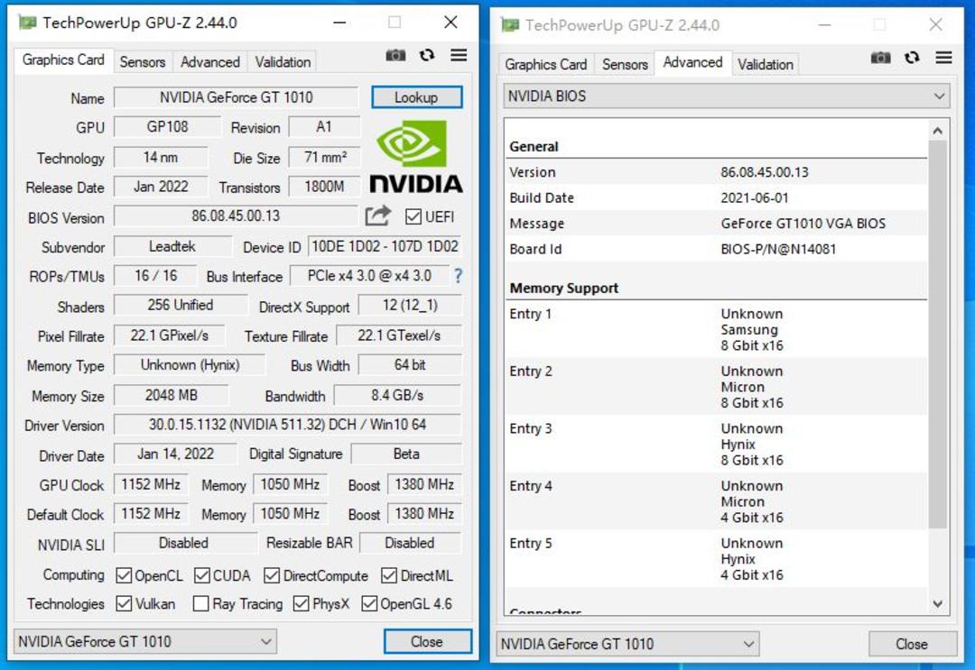 نتایج آنالیز GPU-Z  کارت گرافیک رده پایین Leadtek GT 1010