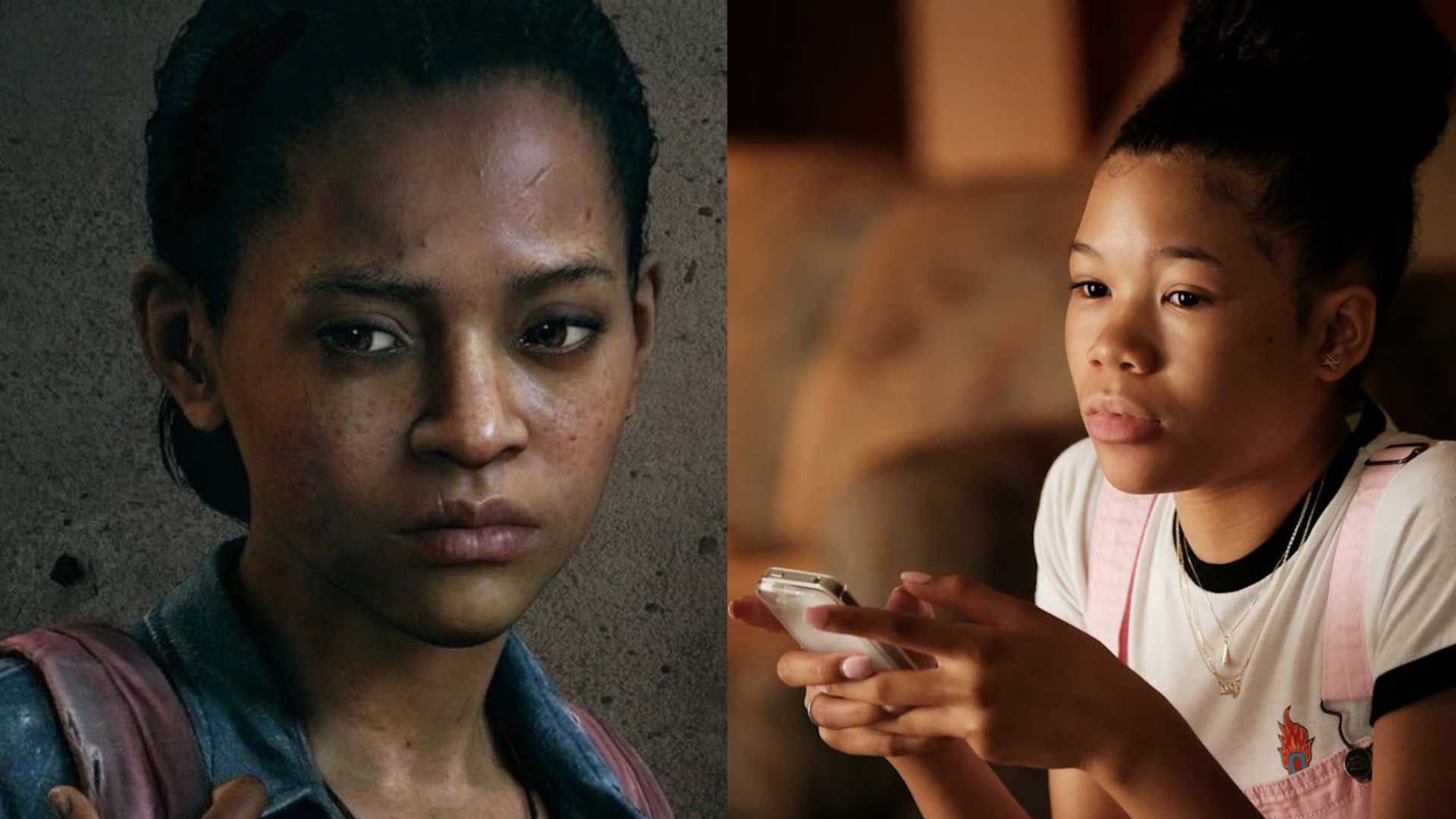 Storm Reid بازیگر سریال Euphoria شبکه HBO کنار تصویر شخصیت رایلی از سری بازی The Last of Us استودیو ناتی‌داگ