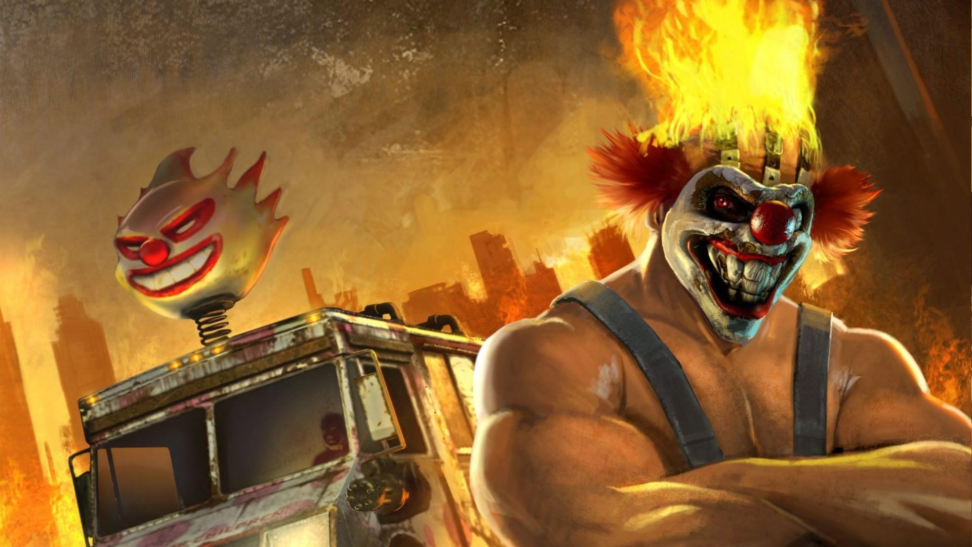 کاراکتر بازی Twisted Metal درکنار اتومبیلش