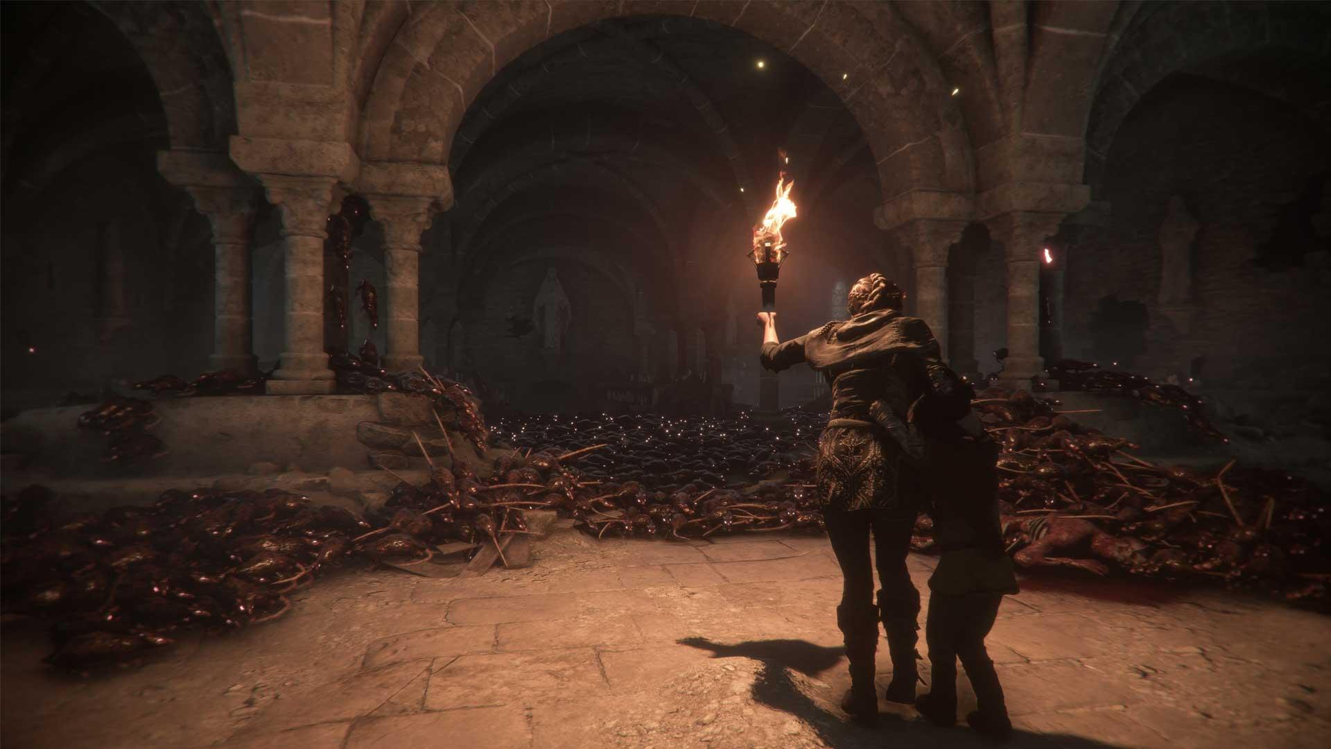 آمیسیا و هیوگو در برابر گله موش ها در بازی A plague tale innocence