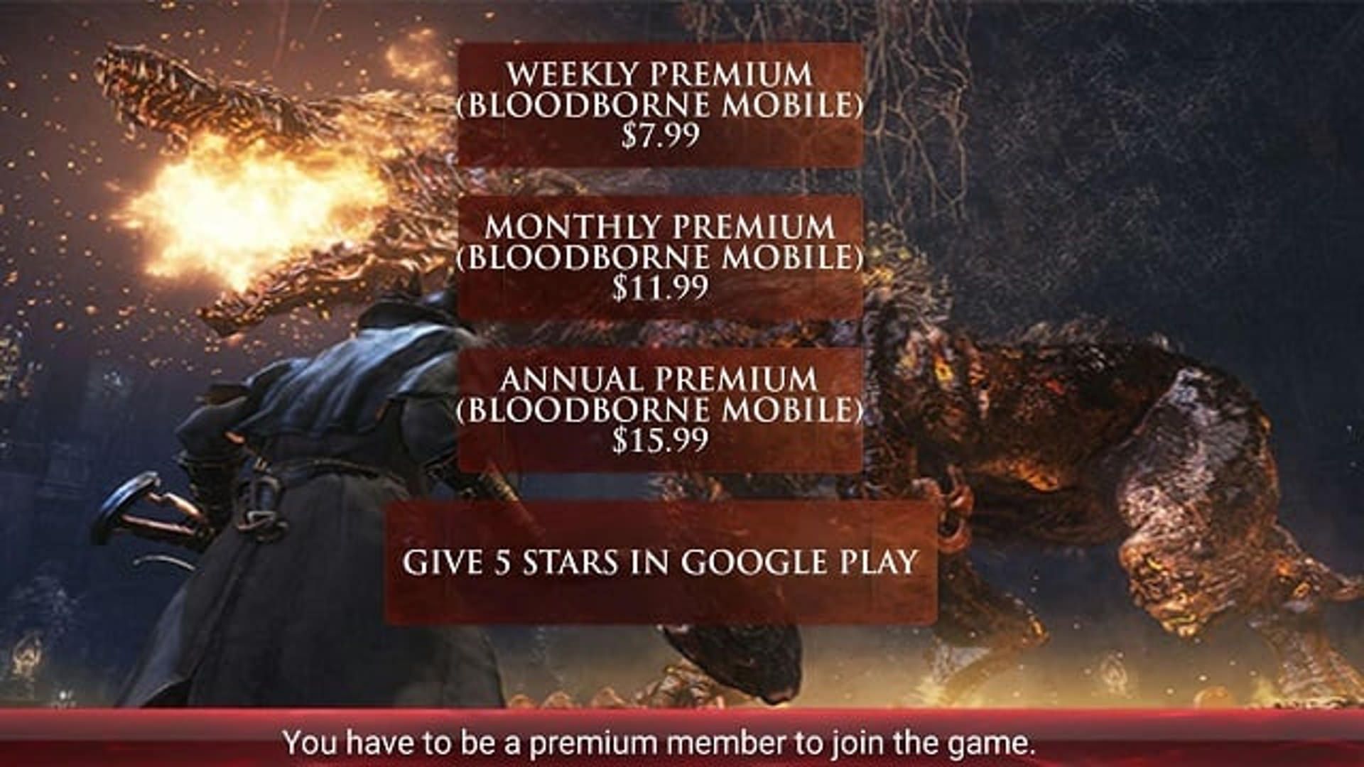 تصویر صفحه اولیه بازی غیررسمی Bloodborne Mobile