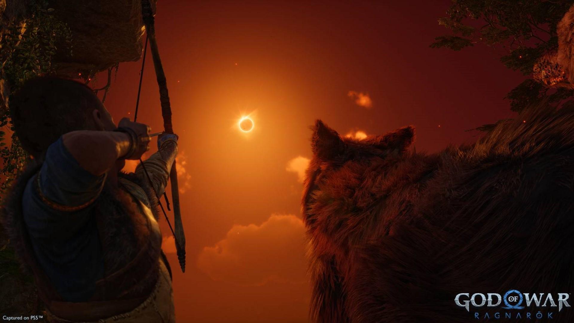 آترئوس در حال پرتاب تیر به آسمان در بازی God of War Ragnarok
