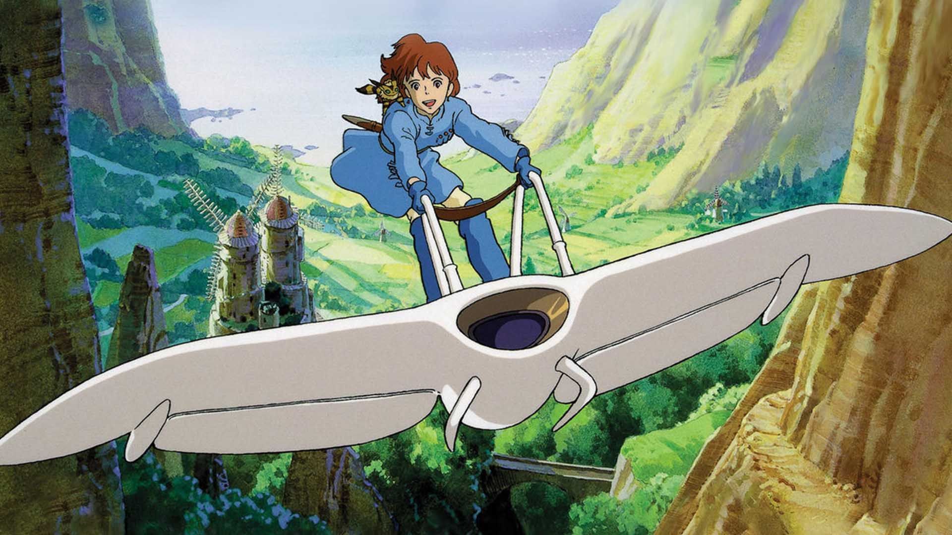 نائوشیکا در حال پرواز بر فراز جنگل در انیمه Nausicaä of the Valley of the Wind