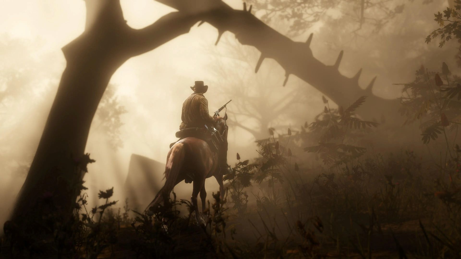 آرتور مورگان سوار بر اسب در یک جنگل در بازی Red Dead Redemption 2 